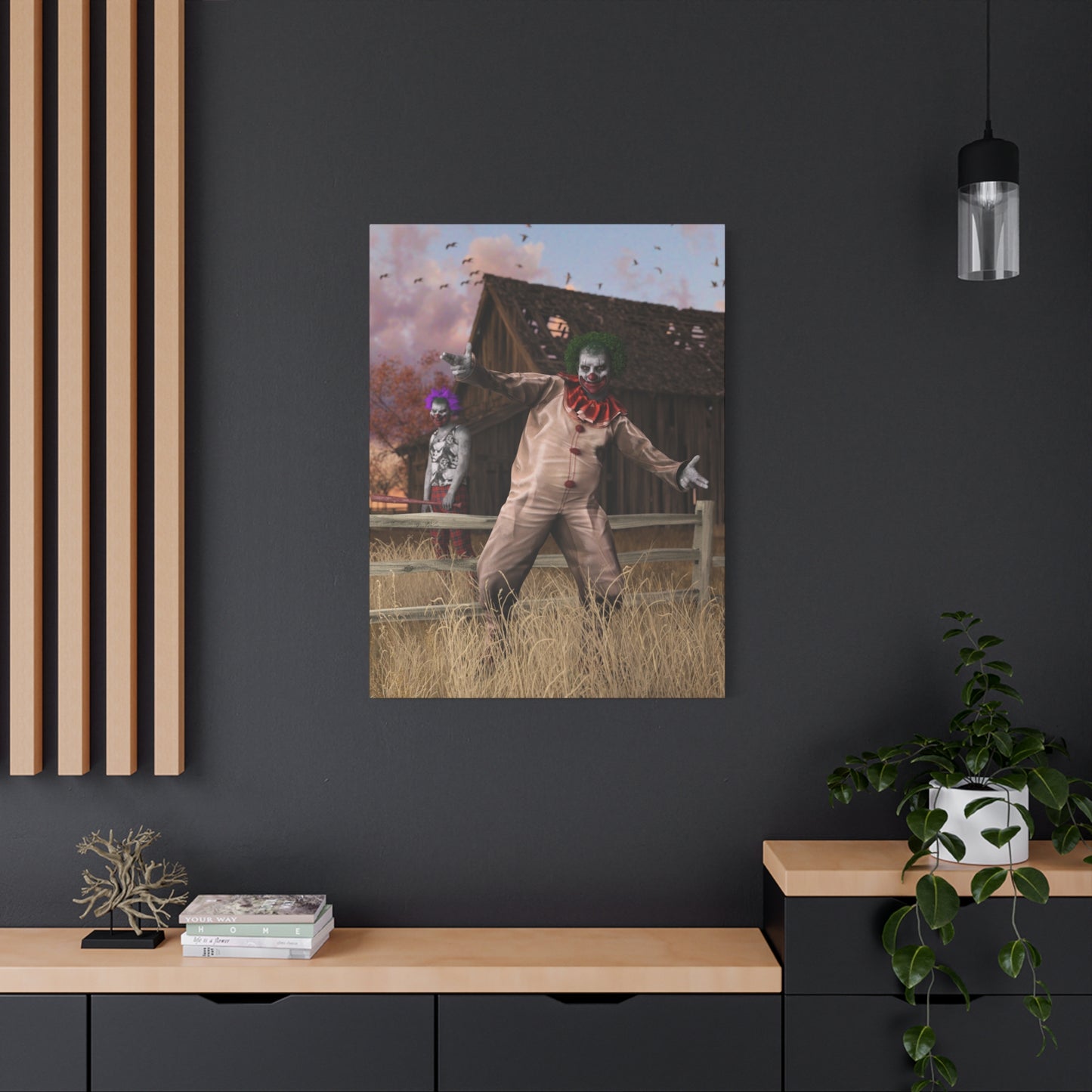 Creepy Clown Canvas Print — Haunted Barn Horror Wall Art