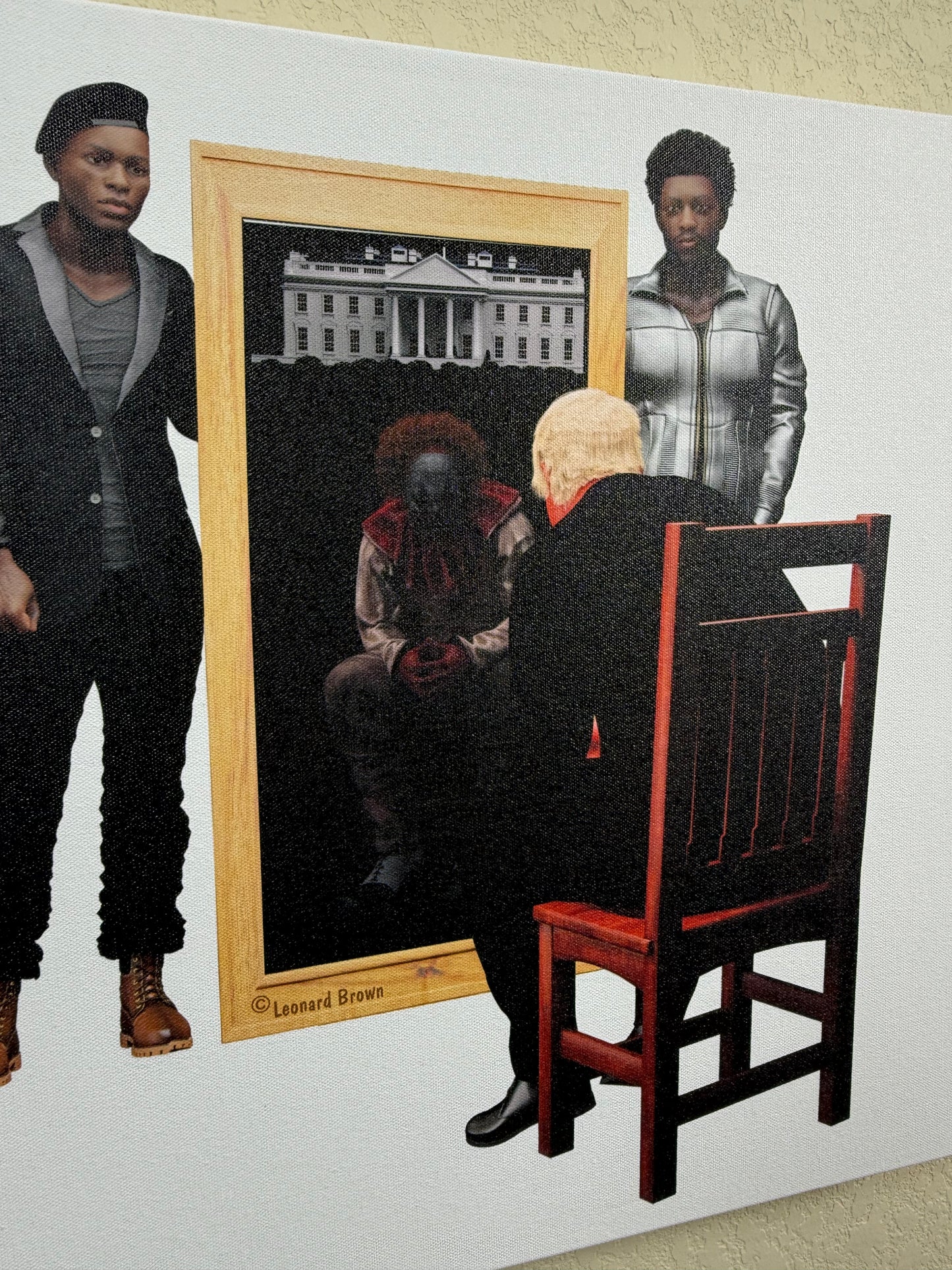 A canvas art print of two black men standing beside a mirror with Trump looking in the mirror with a reflection of a clown.