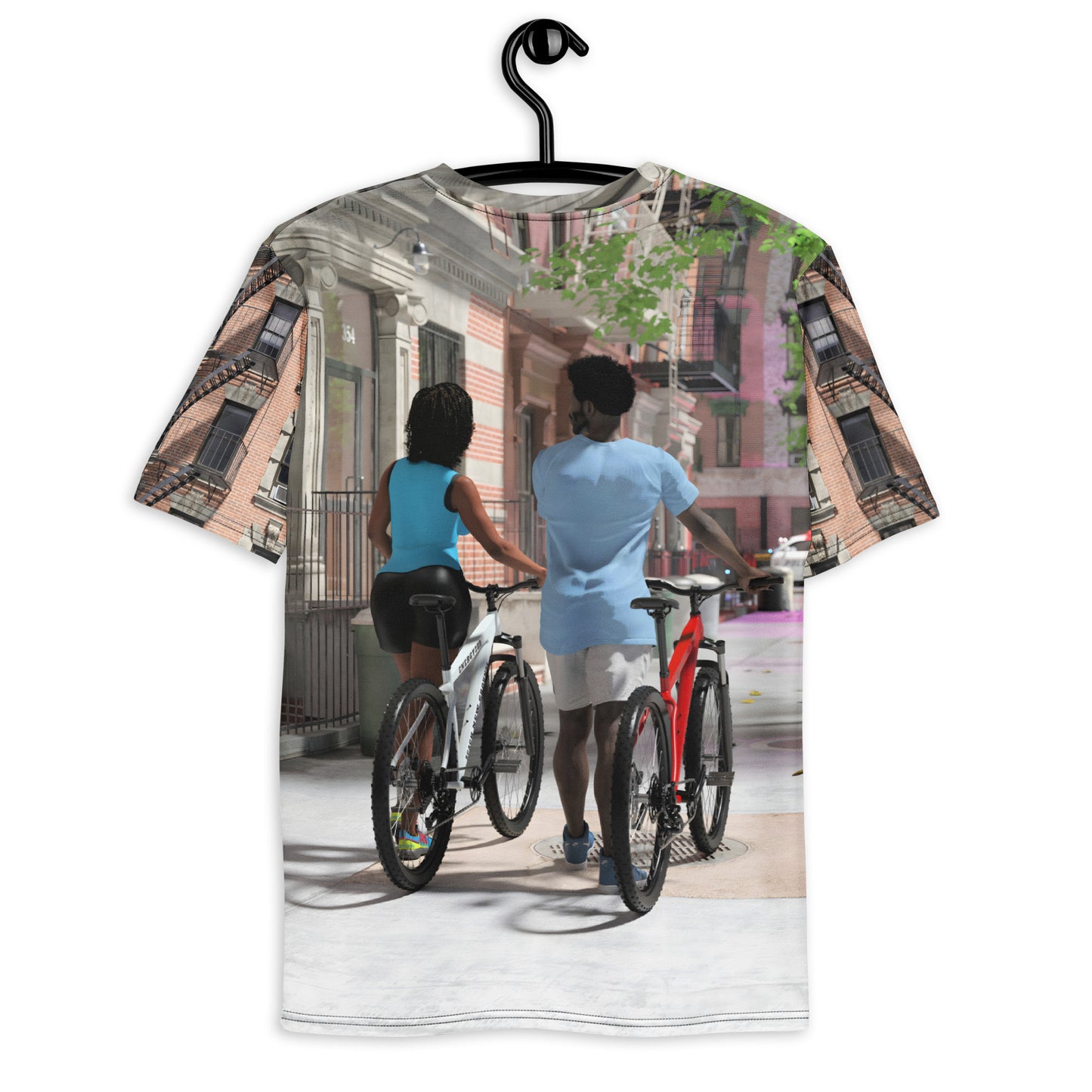 Artwork on a t-shirt of a black man and woman walking their bikes on a Brooklyn sidewalk.