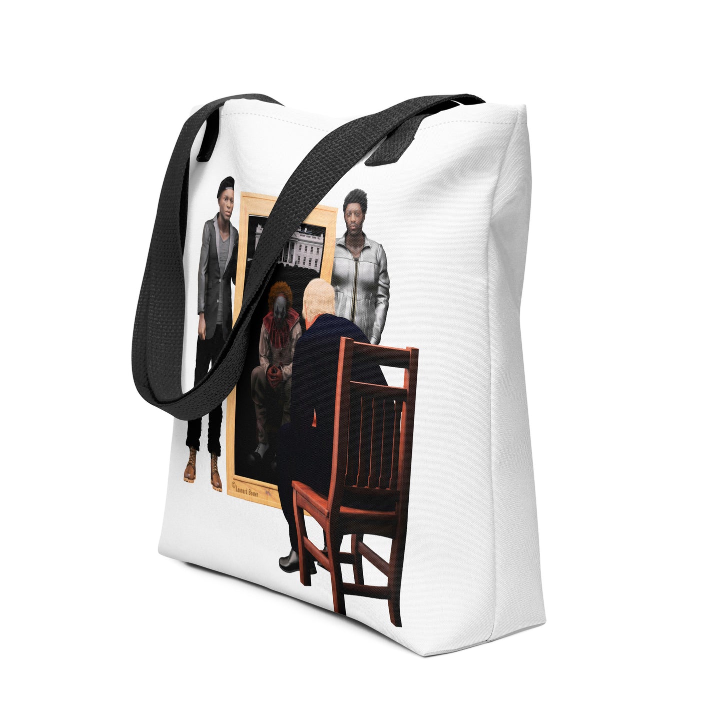 A tote bag with two black men standing beside a mirror while Trump sits in a chair in front of the mirror and his reflection is a clown.