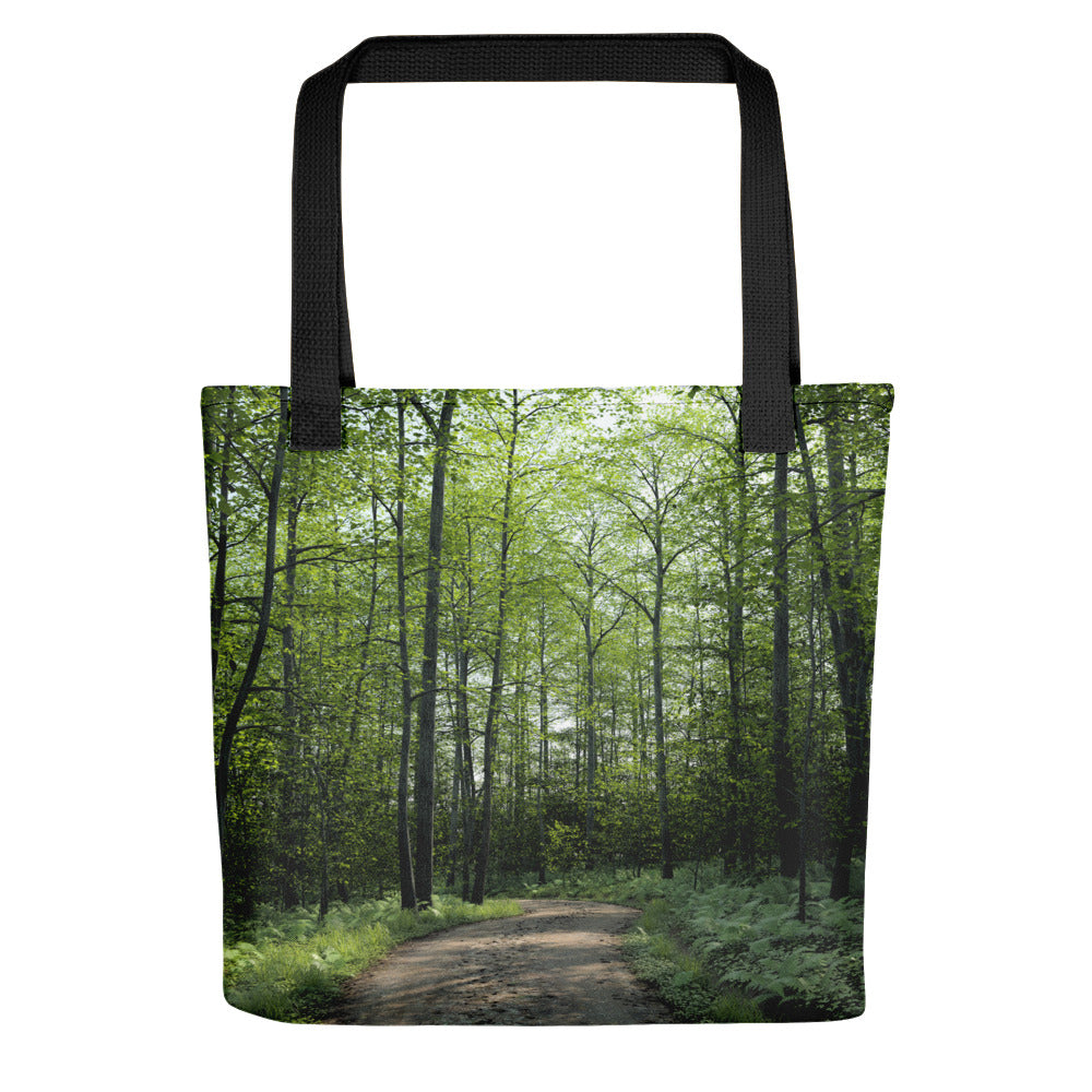 Wooded Trail scenery 15x15 tote bag.