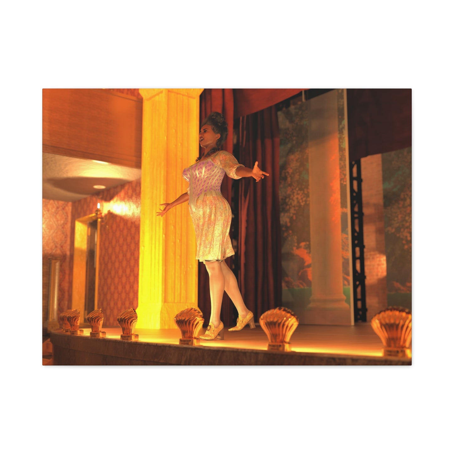 A woman in a sparkling white dress stands on a stage-like set with warm yellow lighting, columns, curtains, and decorative shell-shaped objects on a table in front of her.
