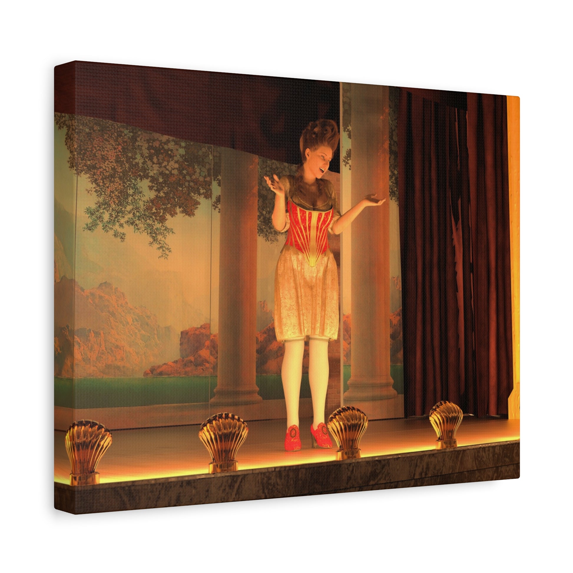 A canvas wall art print showing a vintage theatrical scene with a woman in a red and gold dress on a stage, photographed against a plain white background.