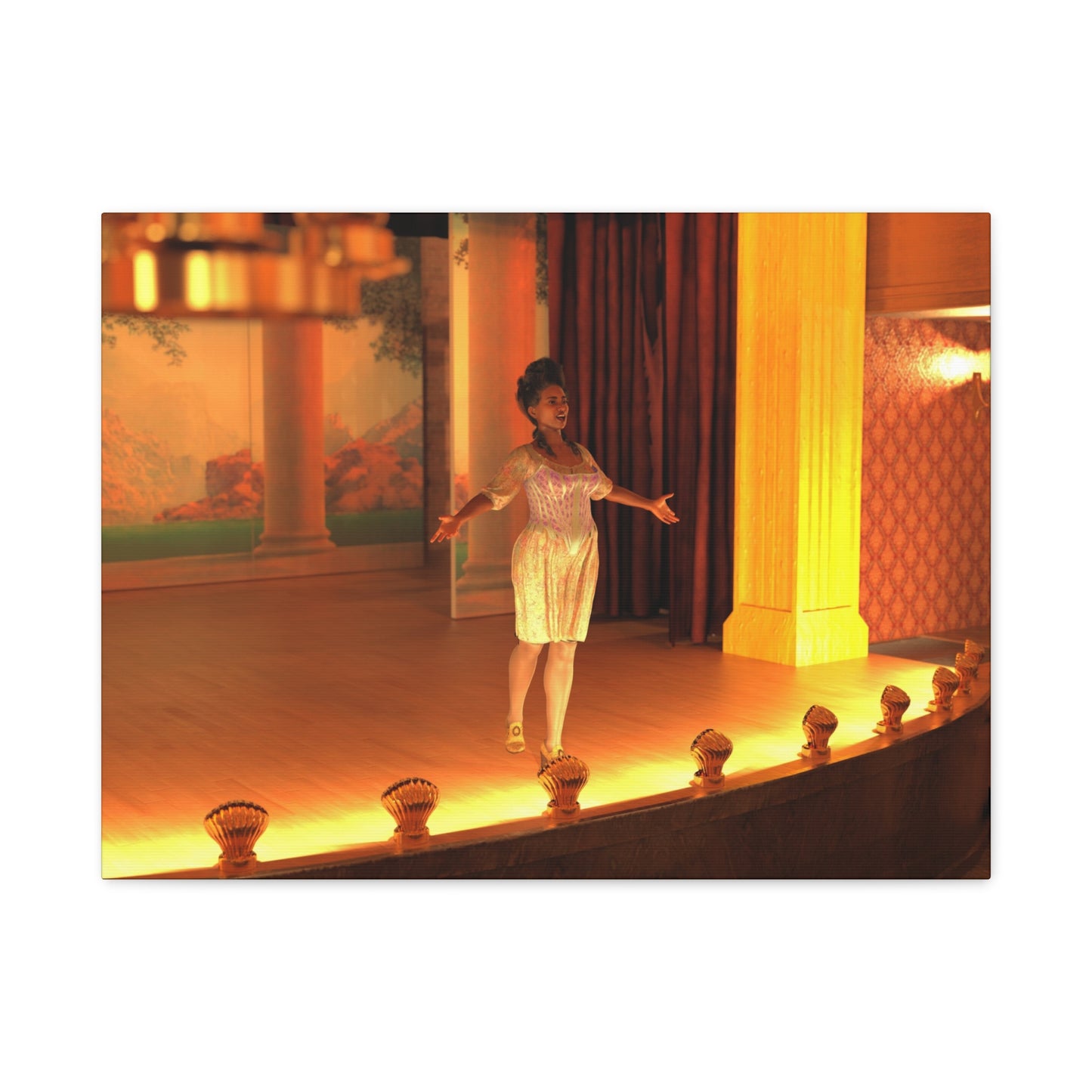 A woman in a sparkling gold sequined mini dress and white tights stands on a warmly lit stage with arms outstretched, surrounded by columns, curtains, and decorative lights.