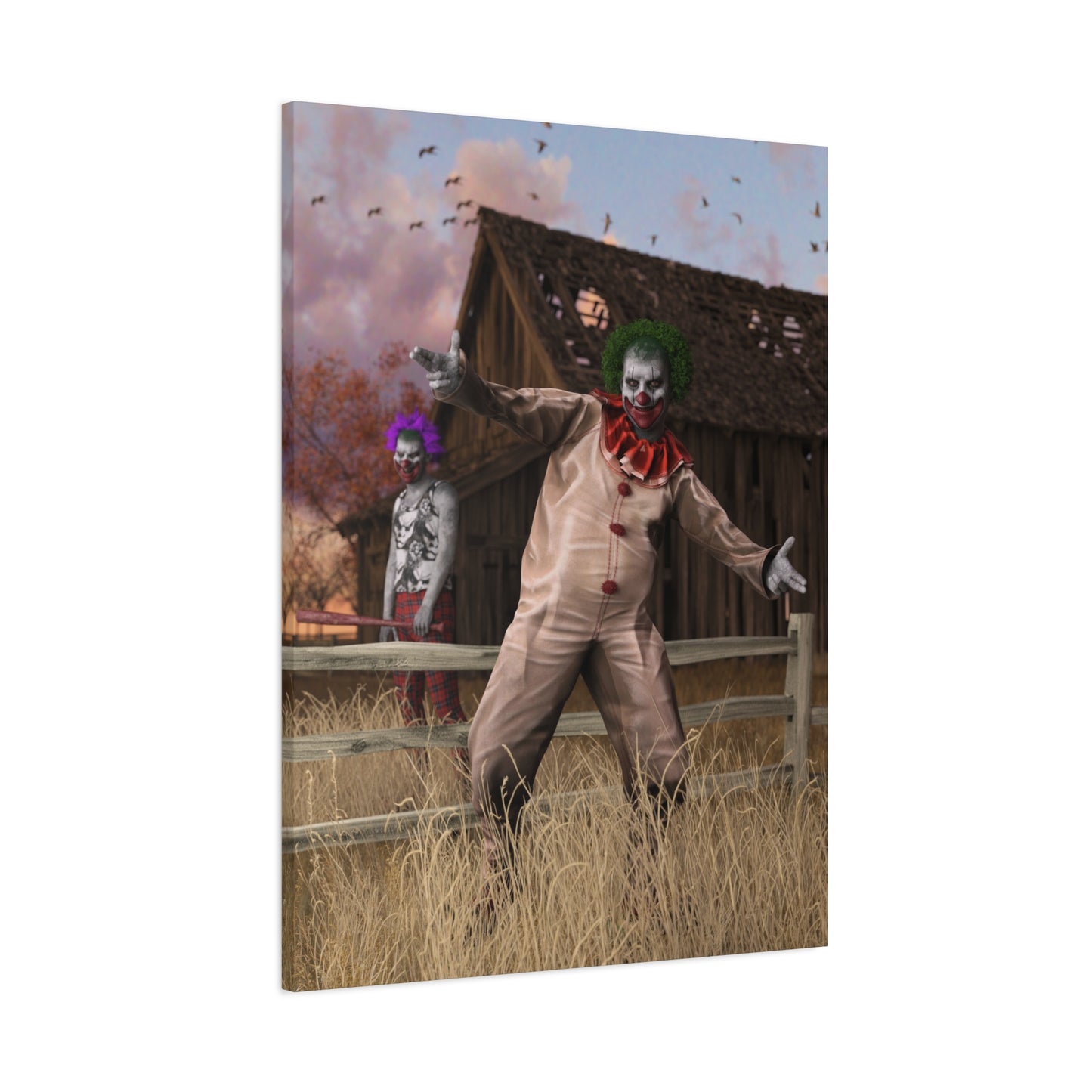 Creepy Clown Canvas Print — Haunted Barn Horror Wall Art