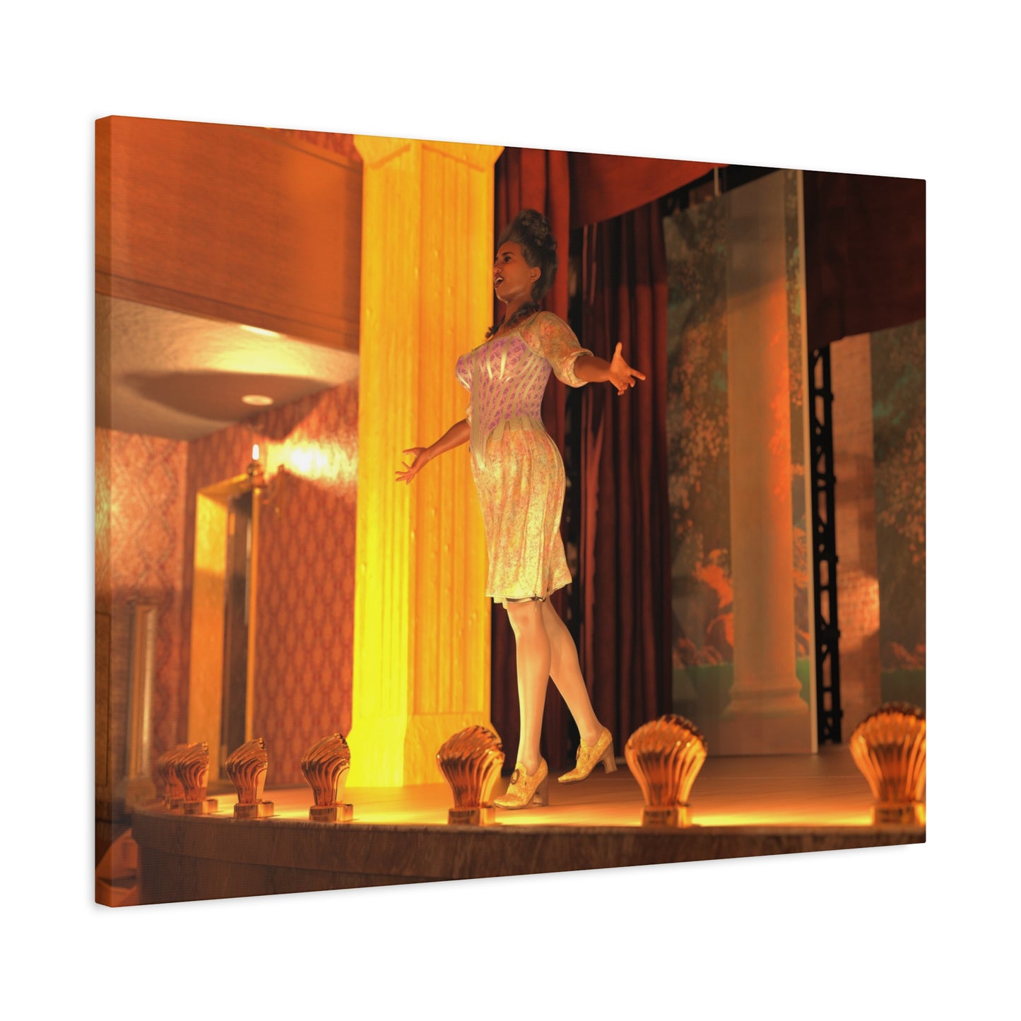A rectangular wall art print or canvas showing a woman in a white dress standing on a stage in warm orange and yellow lighting, photographed against a plain white background.