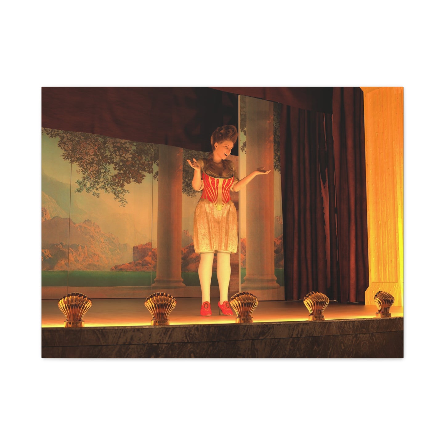 A vintage theatrical scene print showing a young girl in a red and white striped dress standing on a stage with curtains, painted columns, and shell-shaped stage lights.