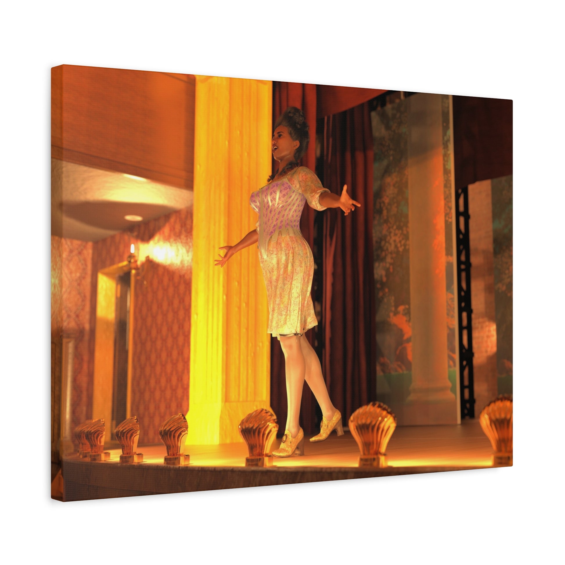A rectangular wall art print or canvas showing a woman in a shimmering light dress standing on a stage with warm orange and yellow lighting, photographed against a plain white background.