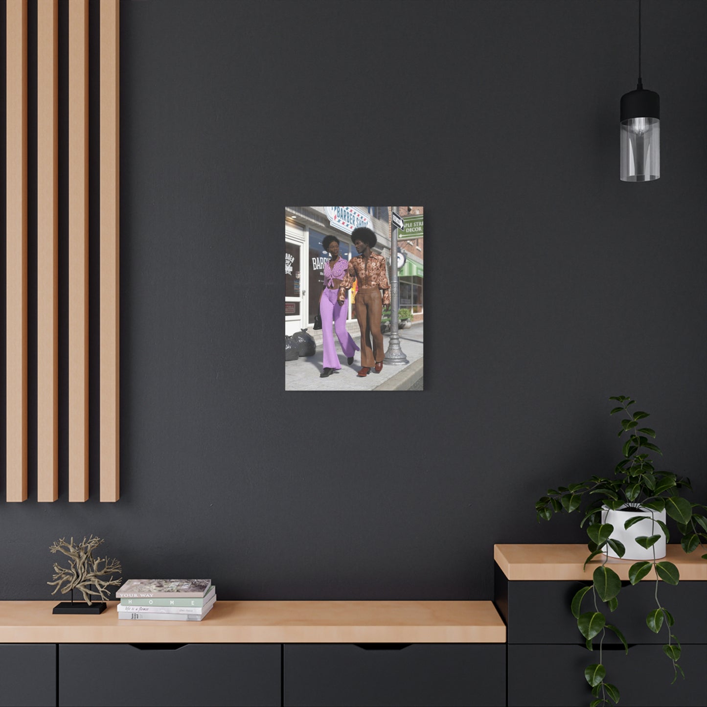 Vintage 1970s Retro Fashion Canvas Print – Afro Chic Couple Street Scene