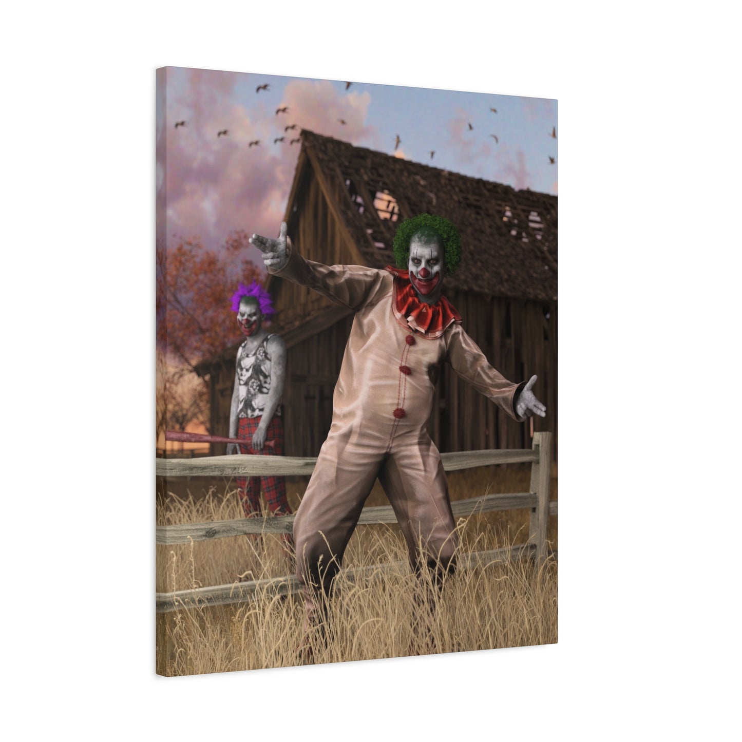 Creepy Clown Canvas Print — Haunted Barn Horror Wall Art