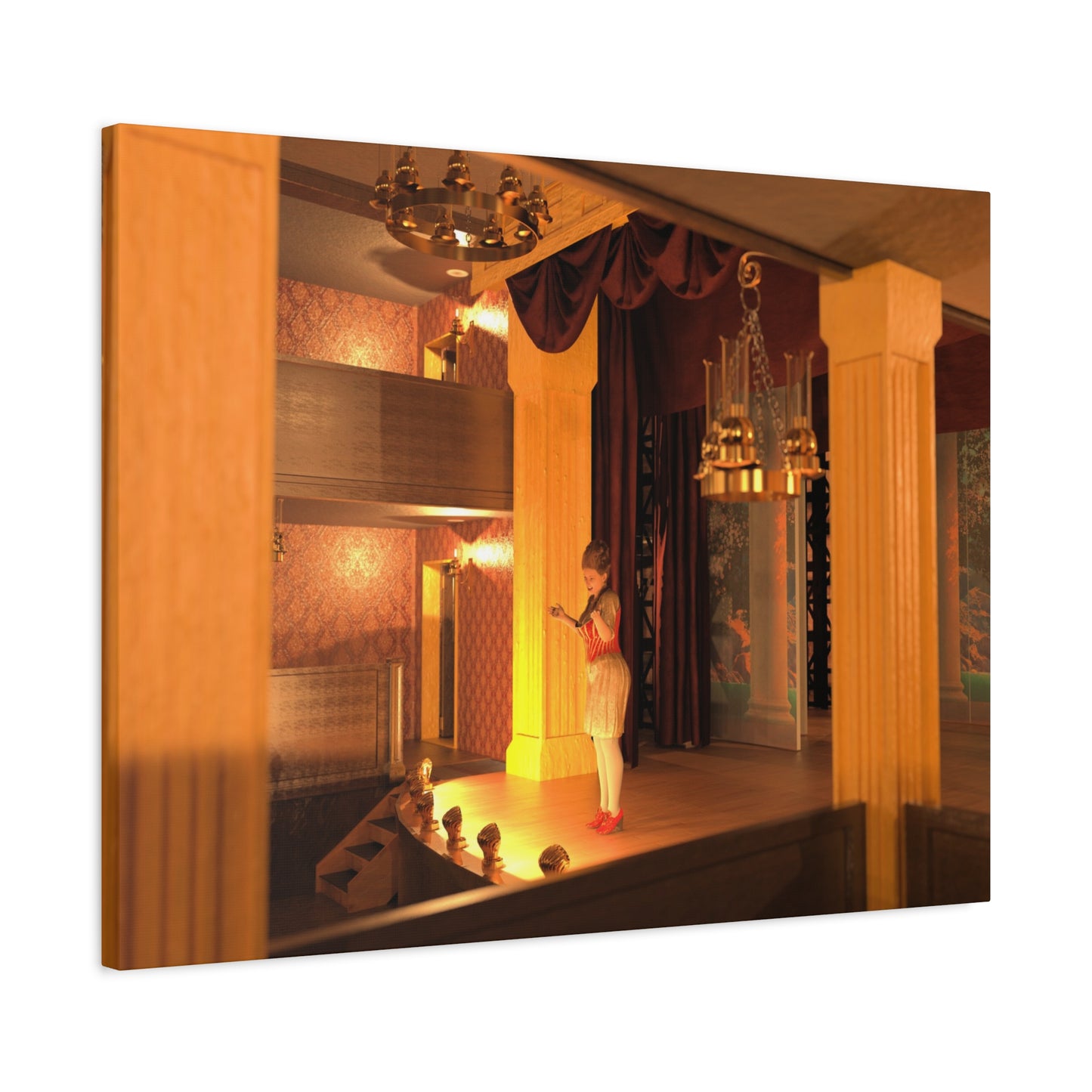 A rectangular wall art print or canvas showing an ornate warmly lit interior scene with columns, chandeliers, patterned wallpaper, and a small figure standing on a stage-like platform. The artwork is photographed at an angle against a plain white background.