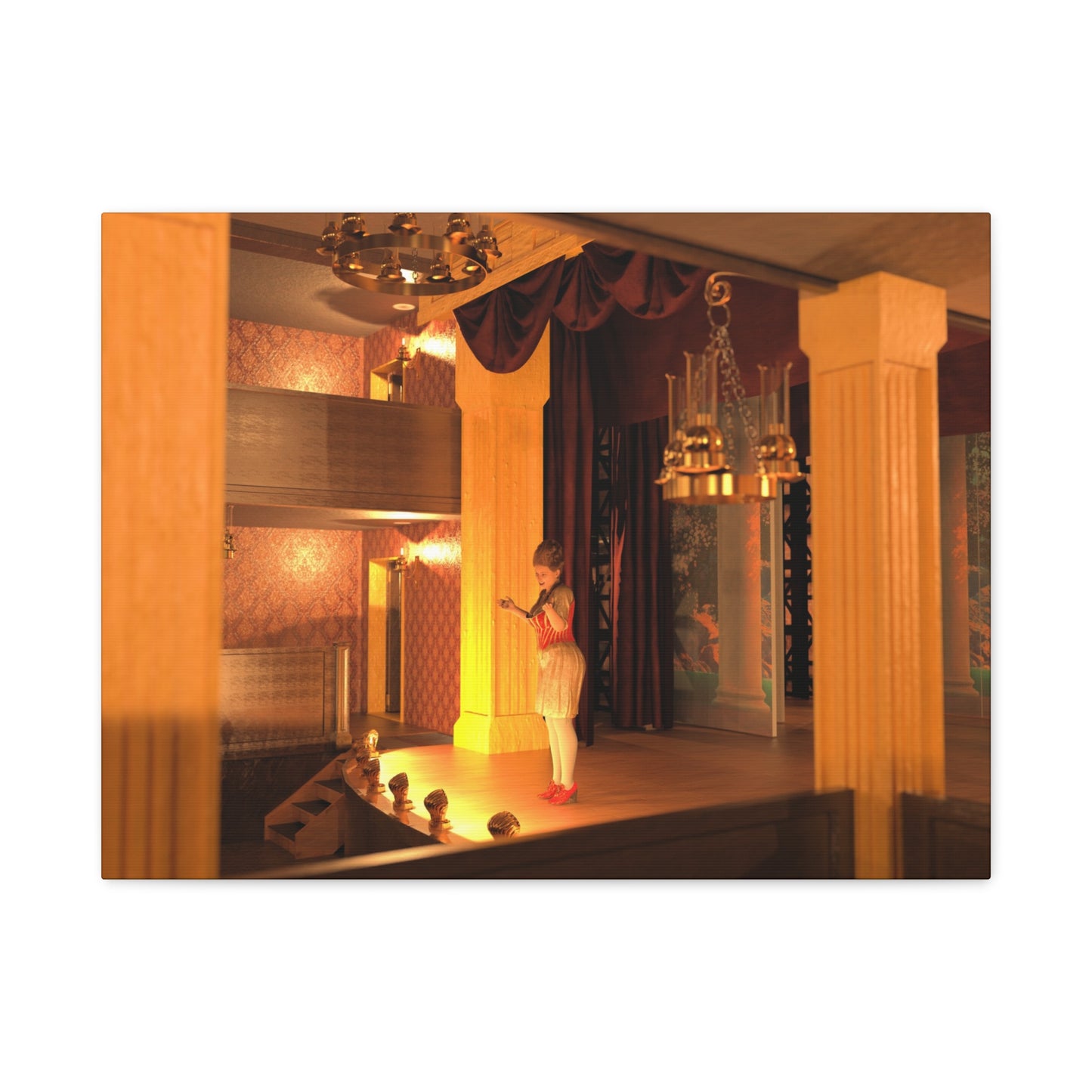 A rectangular wall art print or canvas showing a warmly lit interior scene with columns, draped curtains, chandeliers, and a small figure standing on a stage, photographed against a plain white background.