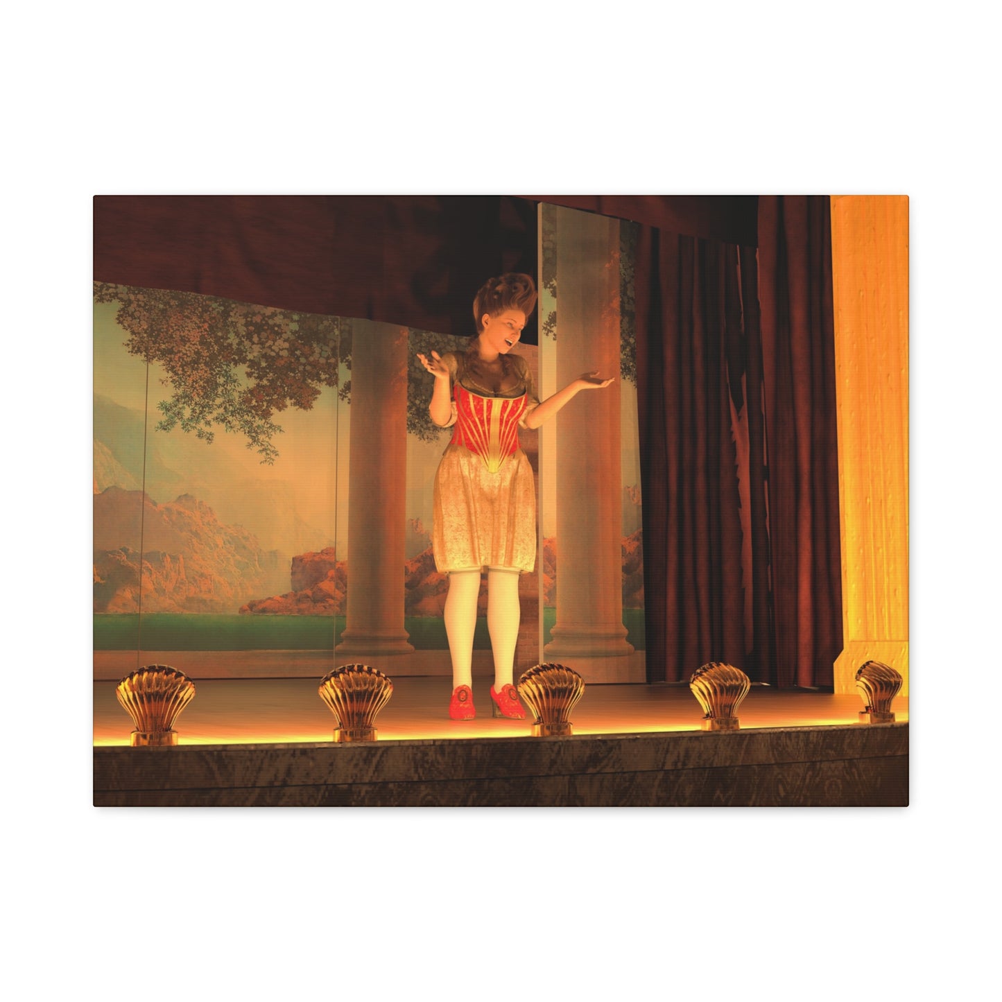 A vintage theatrical stage backdrop or mural print depicting a woman in a red and white striped dress standing on a stage with columns, curtains, and warm lighting, shown against a white background.