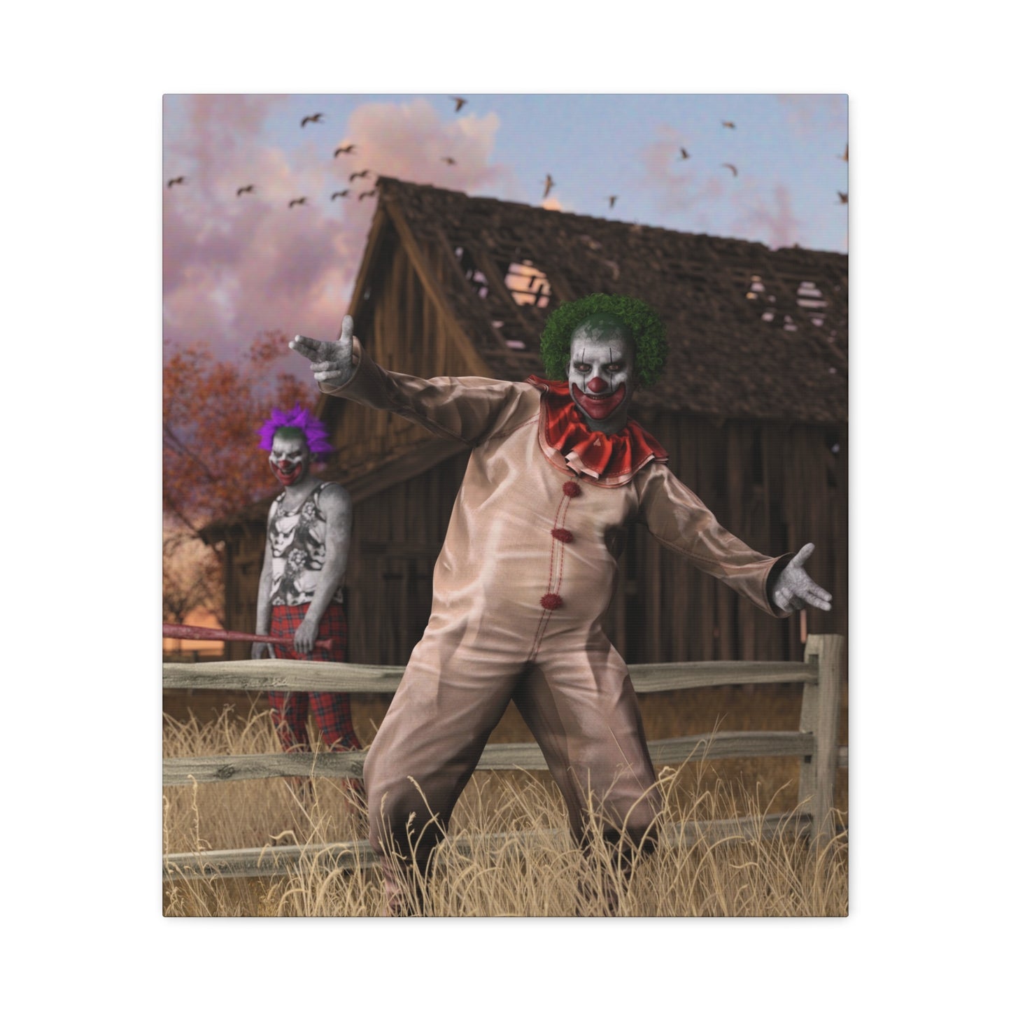 A rectangular art print or poster showing a horror scene: a clown in a beige suit with red ruffles stands in a field in front of a barn, with a second clown figure in the background under a cloudy sky.