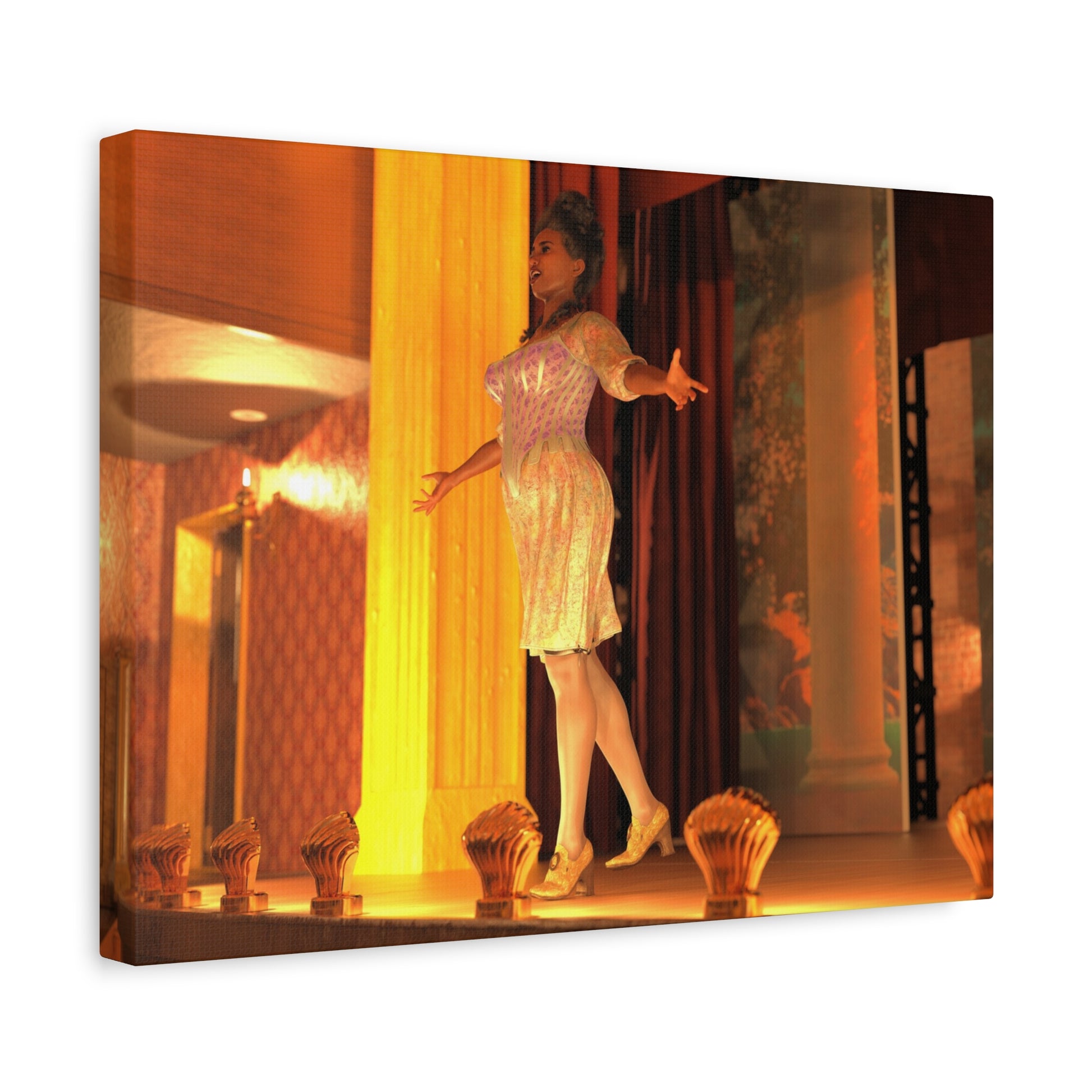 A rectangular wall art print or canvas showing a woman in a shimmering light dress standing in a warmly lit interior with curtains and decorative objects, photographed against a plain white background.