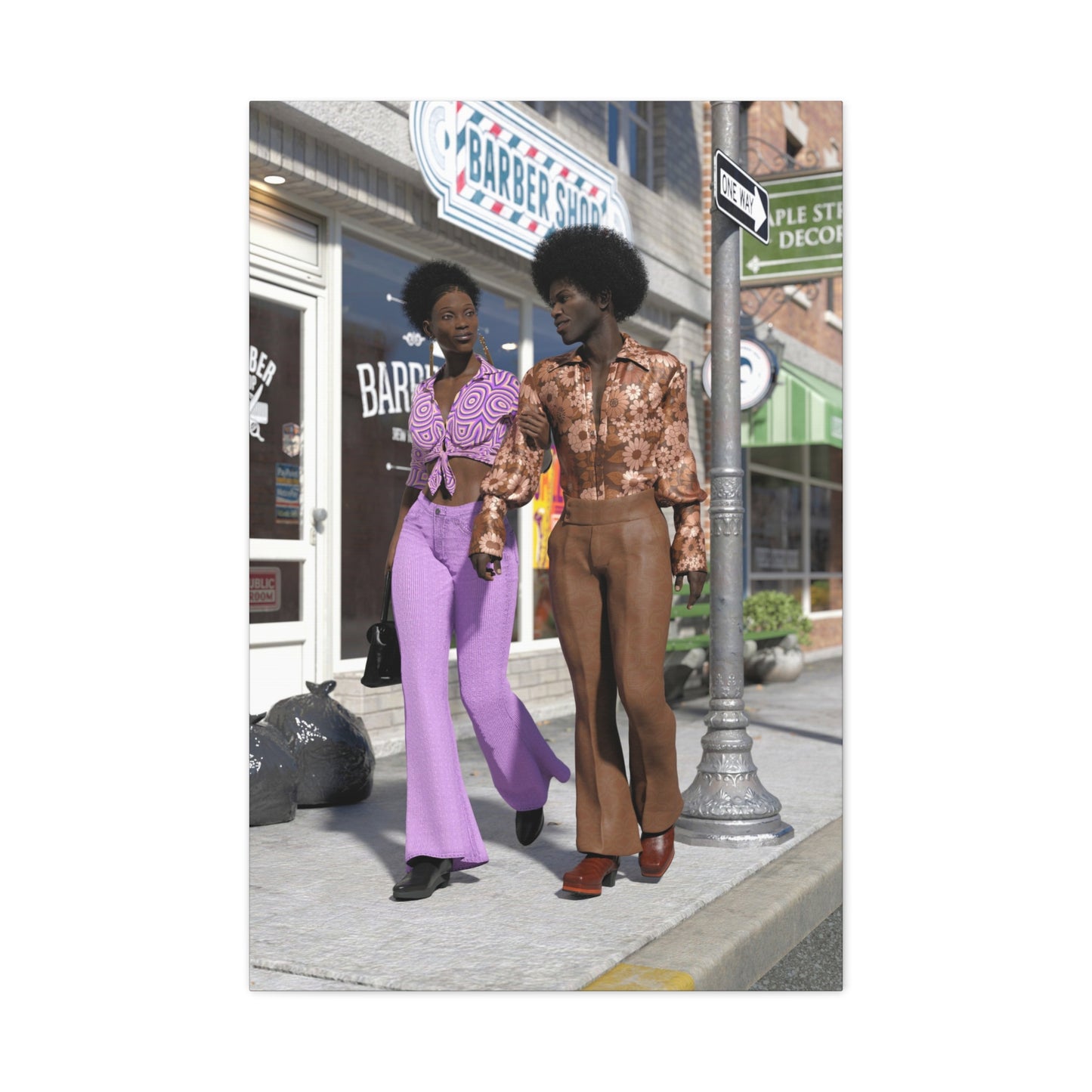 Vintage 1970s Retro Fashion Canvas Print – Afro Chic Couple Street Scene