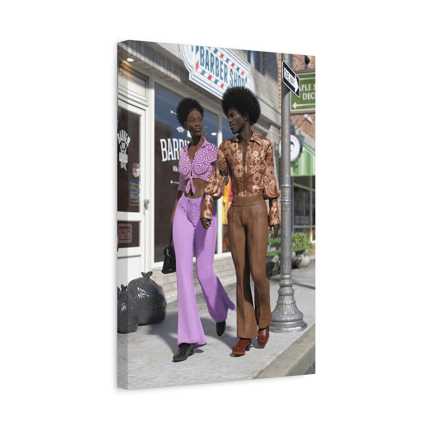 Vintage 1970s Retro Fashion Canvas Print – Afro Chic Couple Street Scene