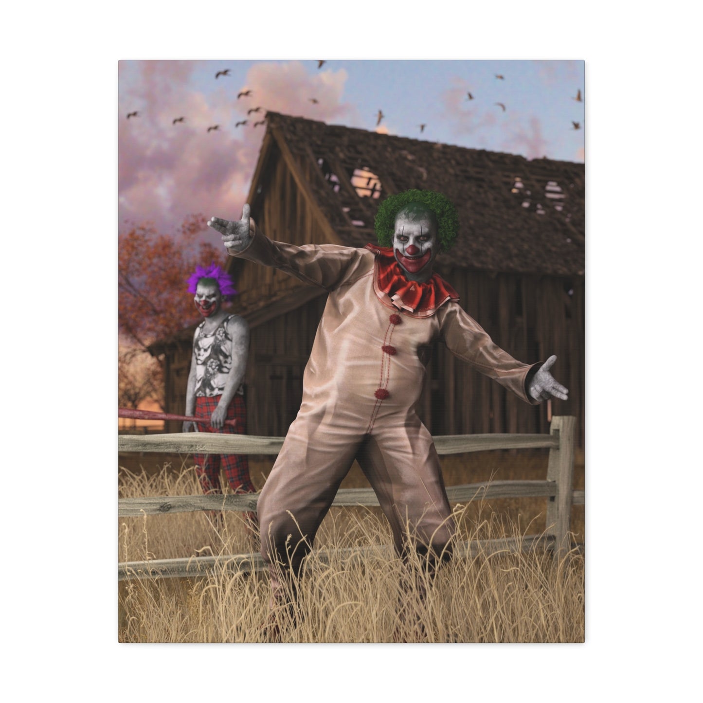 A rectangular wall art print or canvas showing a horror-themed scene: a clown in a beige suit with a red ruffled collar stands in a field in front of a wooden barn, with another masked figure in the background under a pink sky with birds flying.