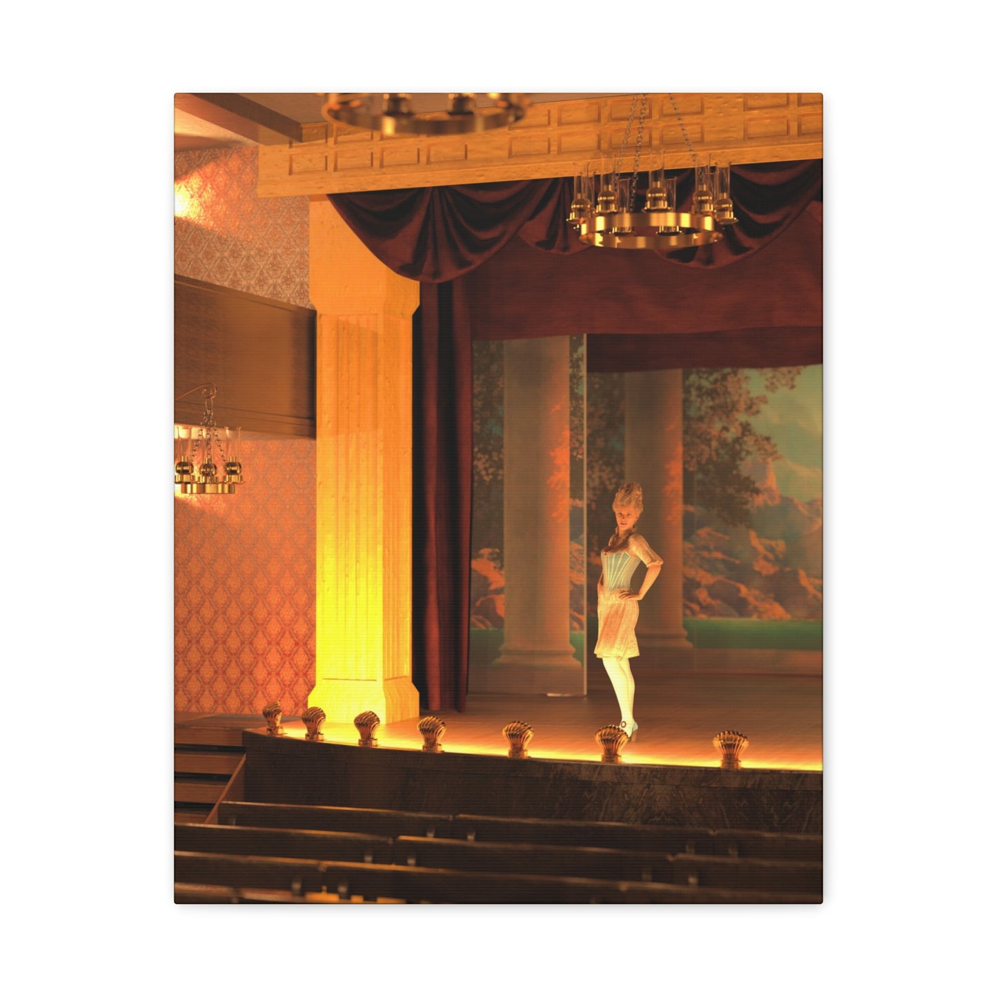 A vertical art print or poster depicting a theatrical stage interior with warm golden lighting, dark red curtains, columns, and a painted backdrop, featuring a woman in a white dress standing near the center.