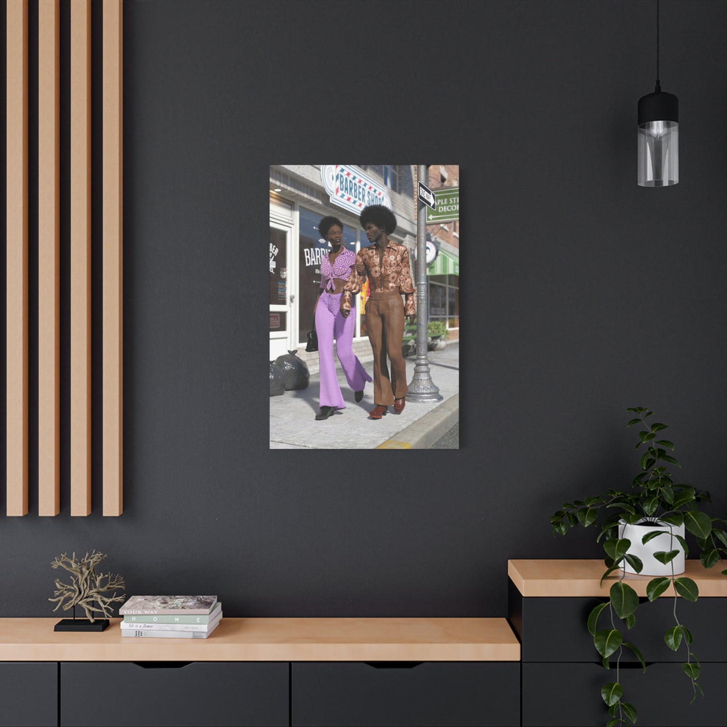 Vintage 1970s Retro Fashion Canvas Print – Afro Chic Couple Street Scene