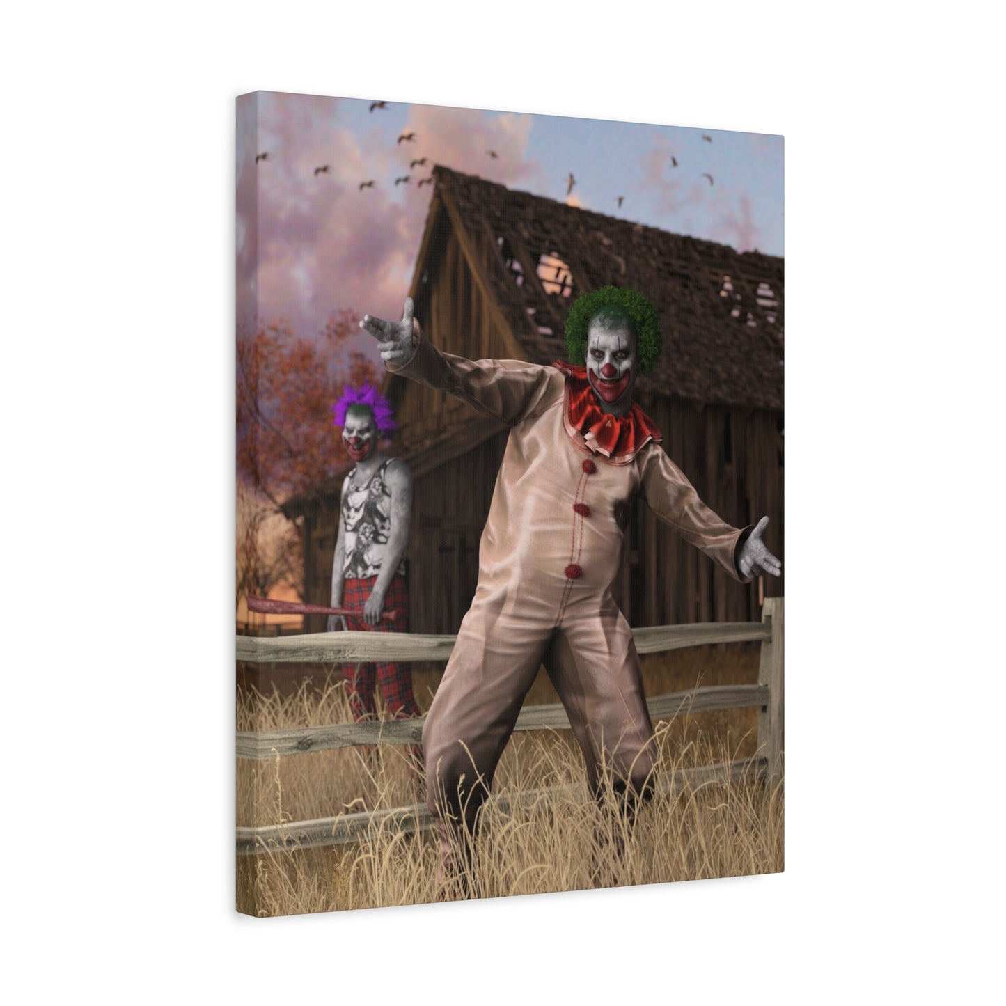Creepy Clown Canvas Print — Haunted Barn Horror Wall Art
