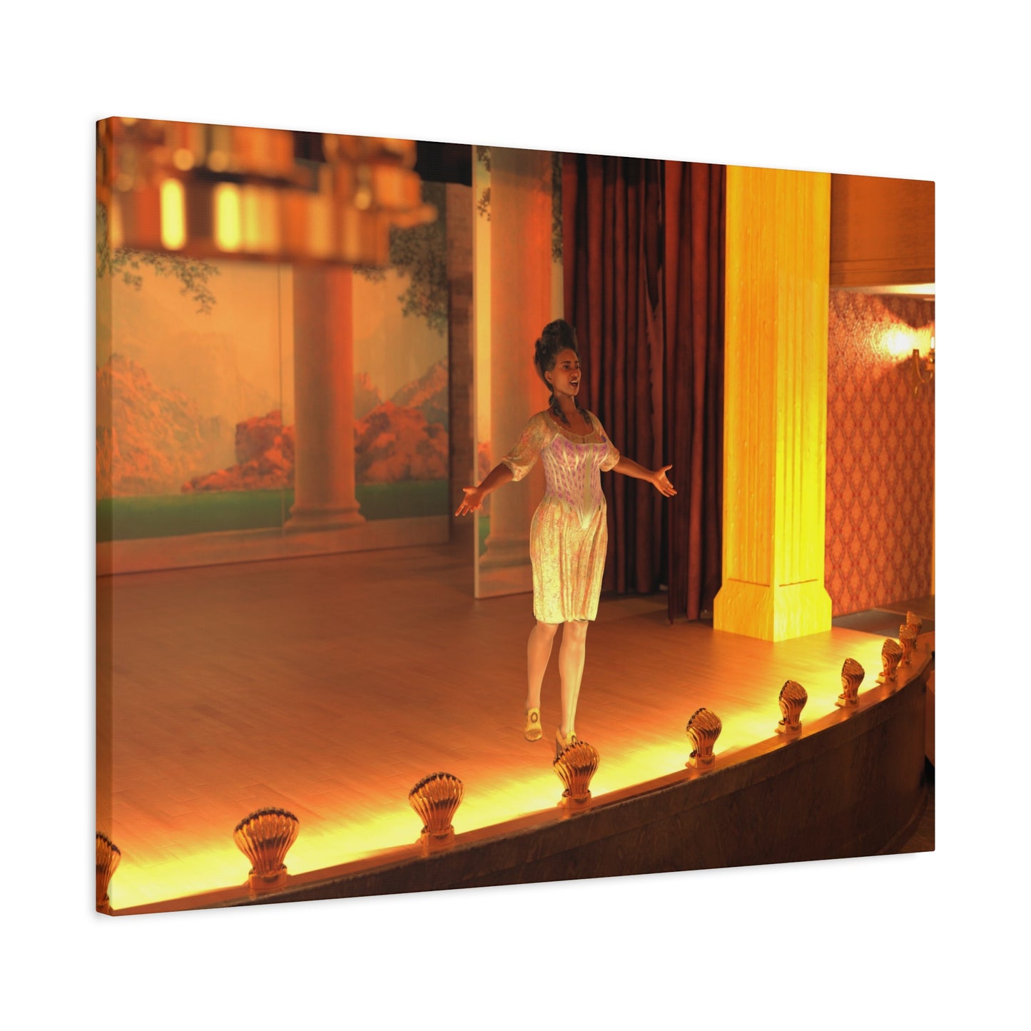 A square wall art print or canvas showing a woman in a shimmering light dress standing on a warmly lit stage, photographed against a plain white background.