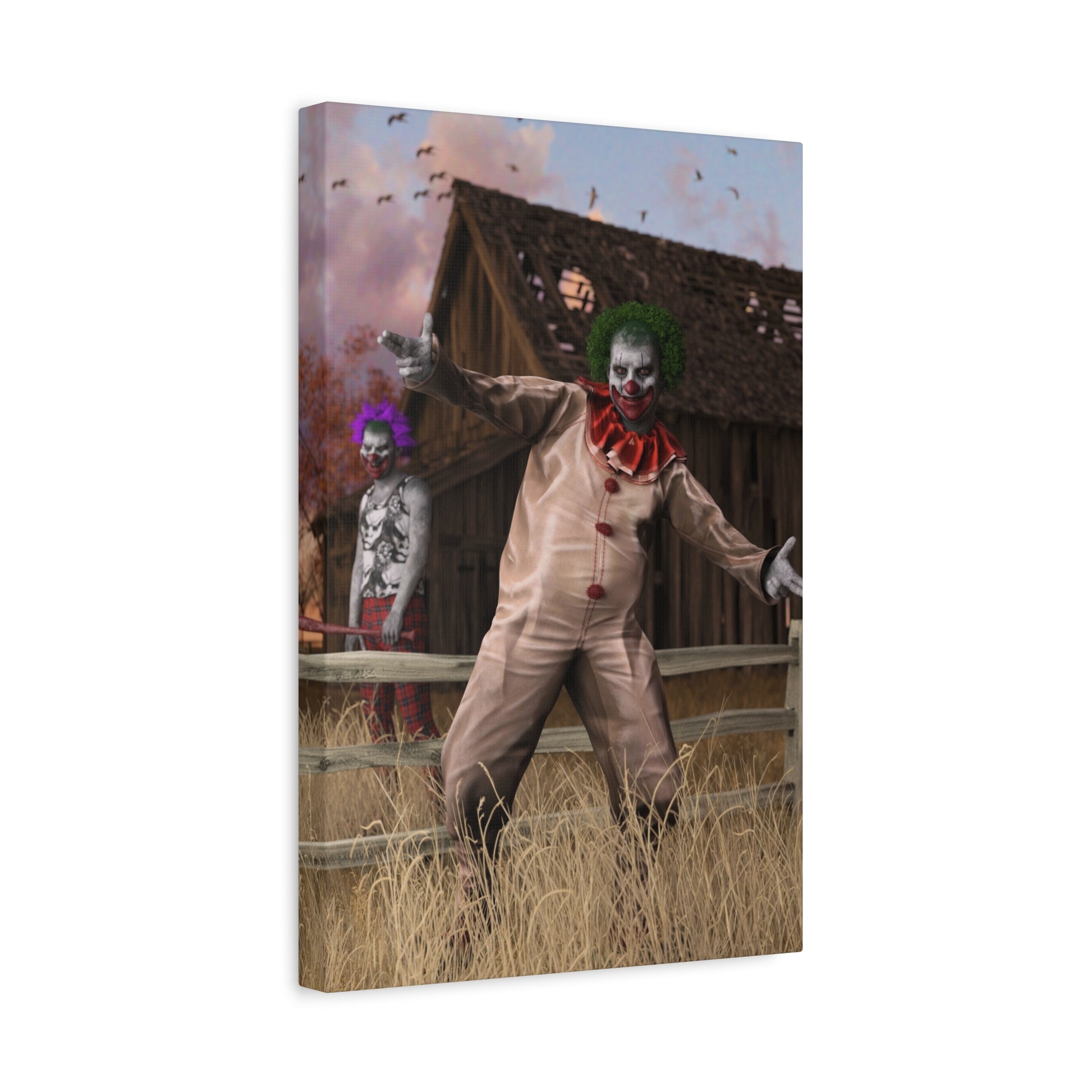 A rectangular wall art print or canvas showing a horror clown in a beige suit with a red ruffled collar, standing in tall dry grass in front of a rustic barn. A second masked figure appears in the background.