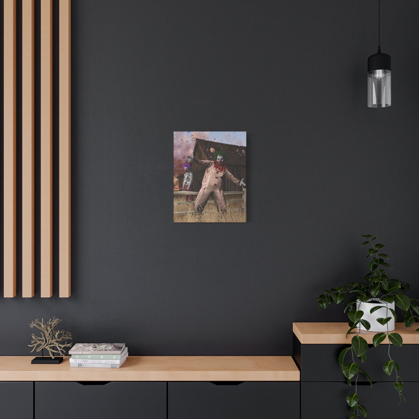 Creepy Clown Canvas Print — Haunted Barn Horror Wall Art
