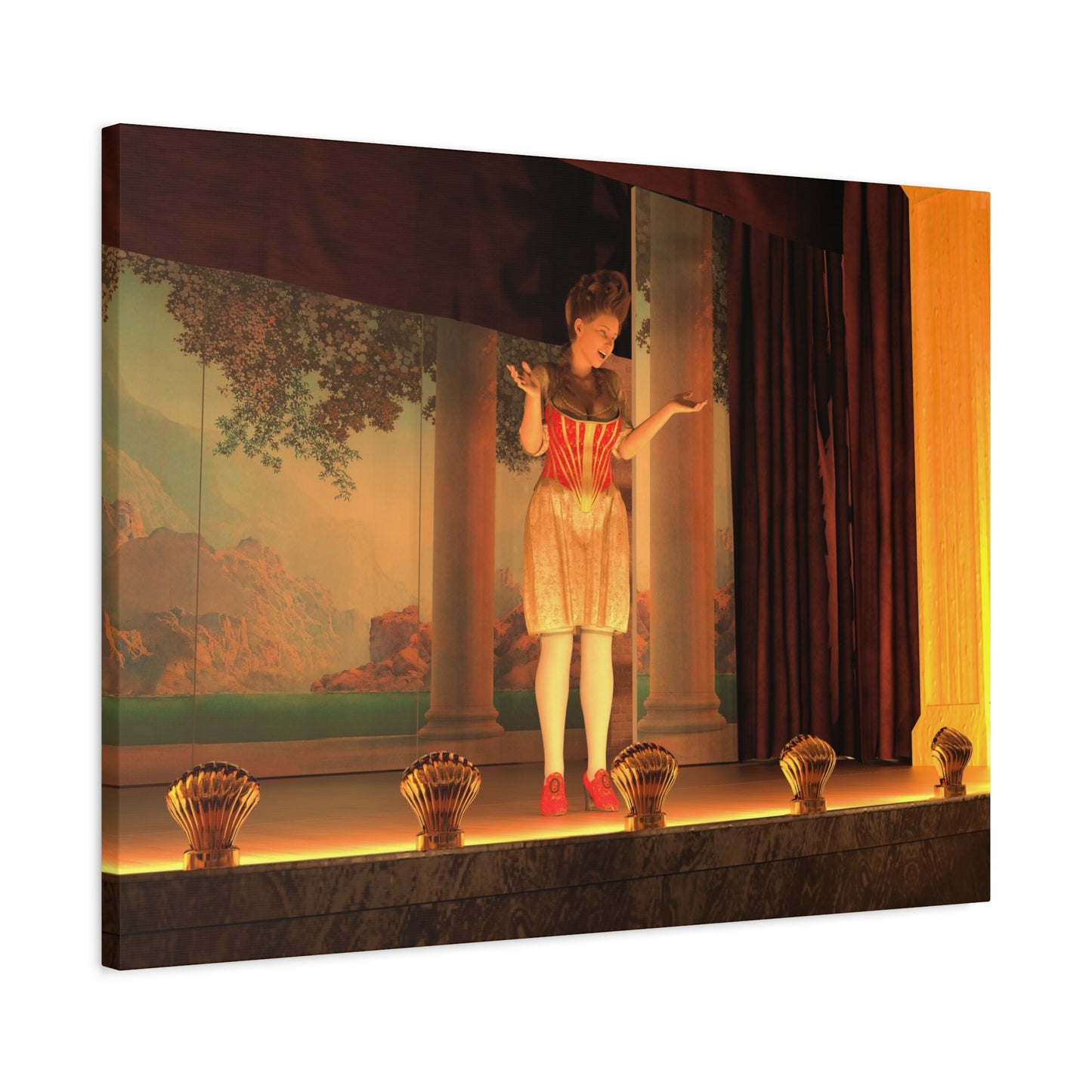 A rectangular canvas wall art print showing a theatrical stage scene with a woman in a red and gold dress standing under a painted backdrop and dark curtains, photographed against a light neutral background.