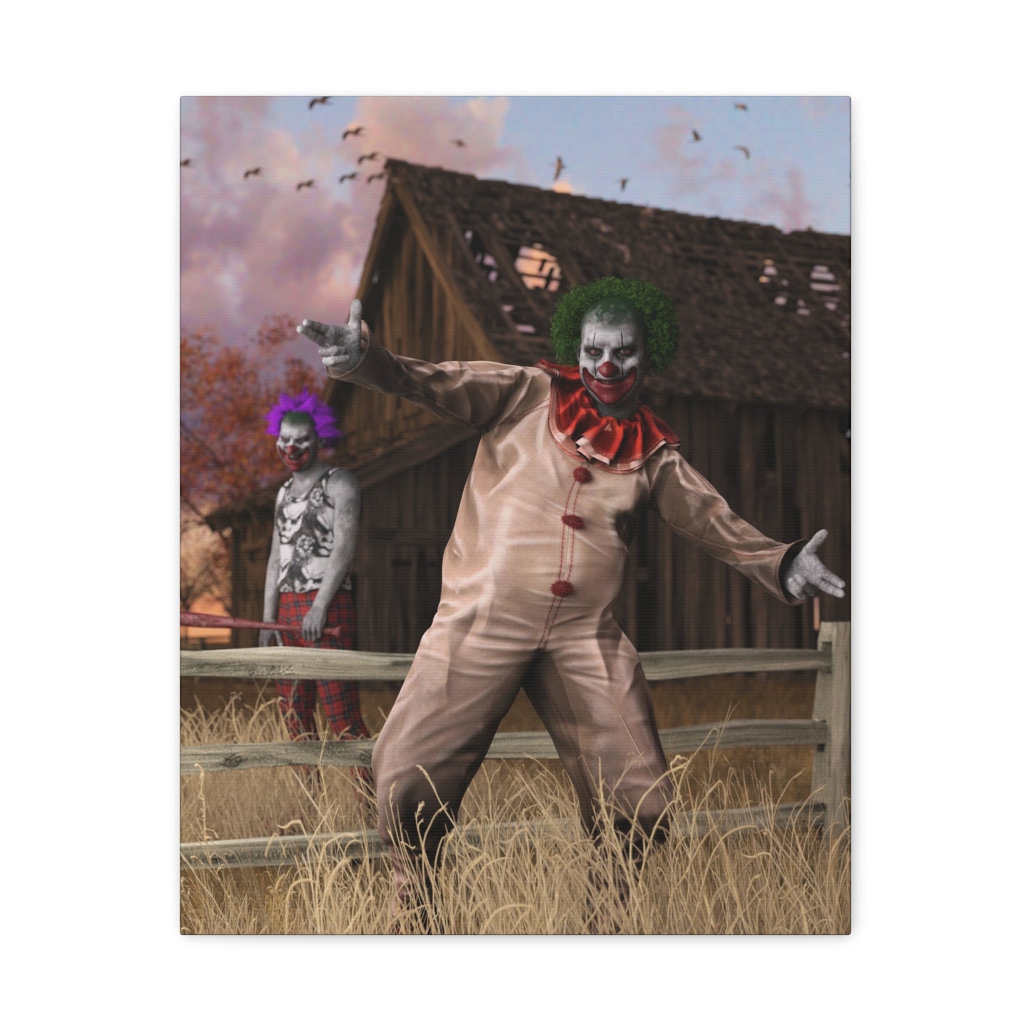 A rectangular wall art print or poster showing a horror-themed scene: a clown in a tan suit with red trim stands in a field in front of a rustic barn, with another clown figure in the background under a cloudy sky.