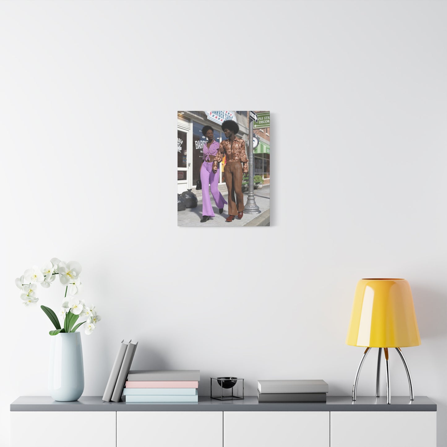 Vintage 1970s Retro Fashion Canvas Print – Afro Chic Couple Street Scene