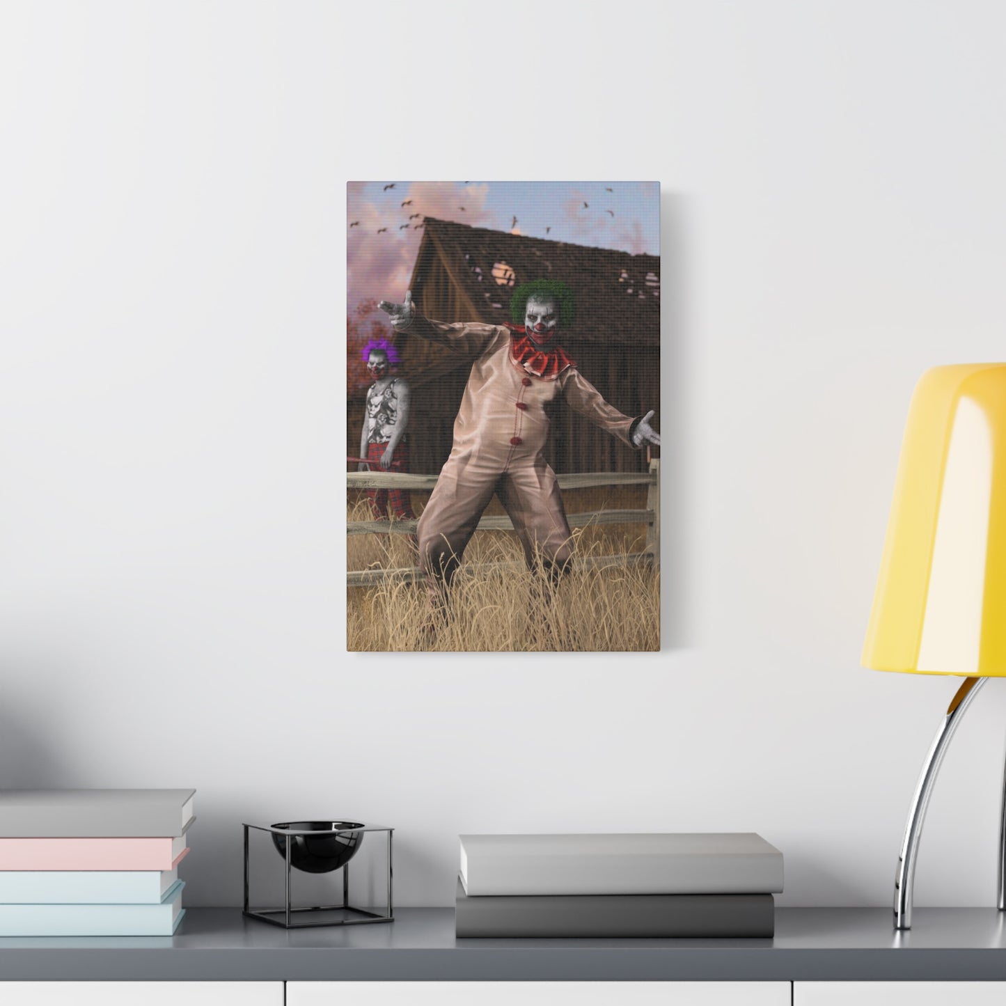 Creepy Clown Canvas Print — Haunted Barn Horror Wall Art