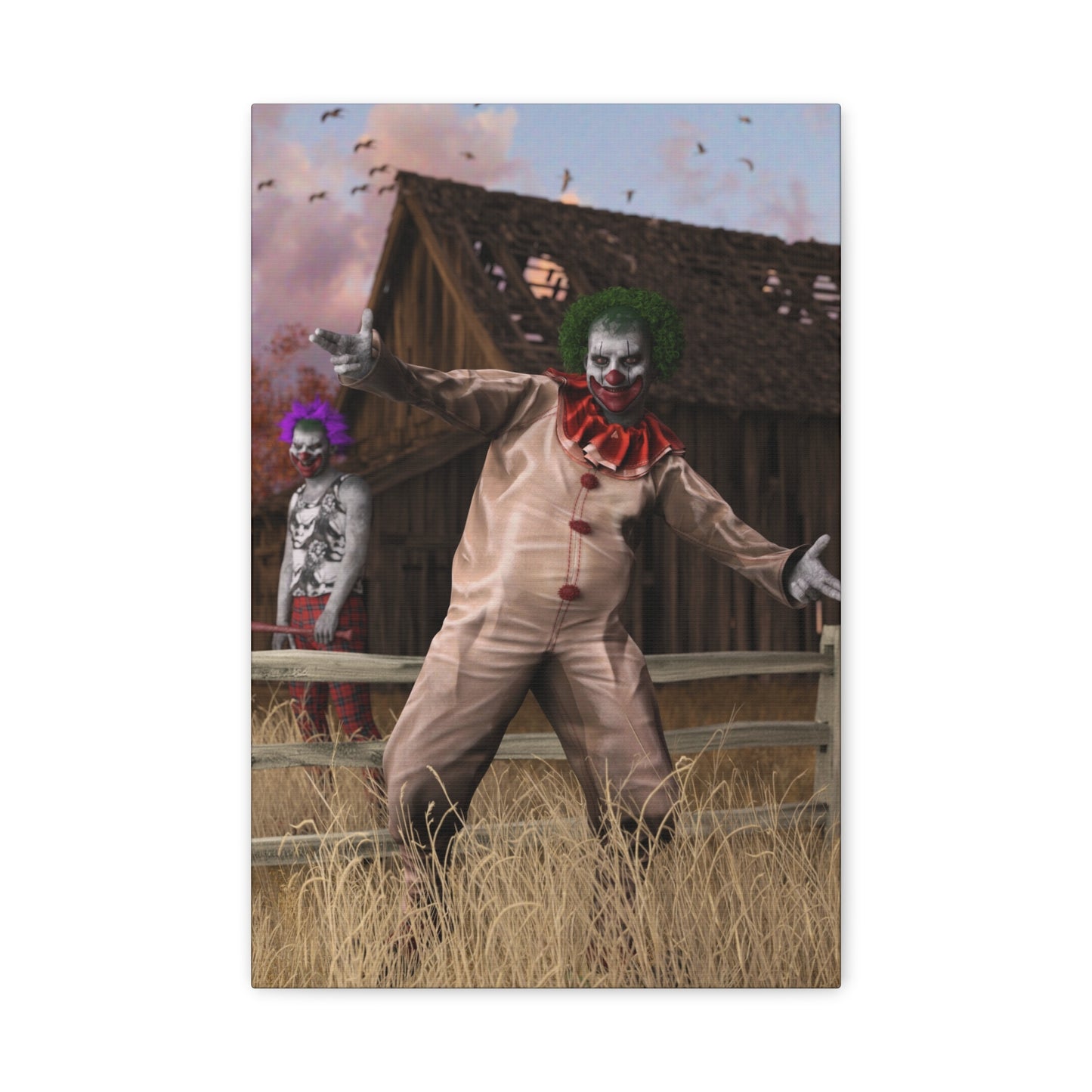 A rectangular art print or poster showing a creepy clown in a beige suit standing in a field in front of a barn, with another figure in the background. The print is centered on a light gray background.