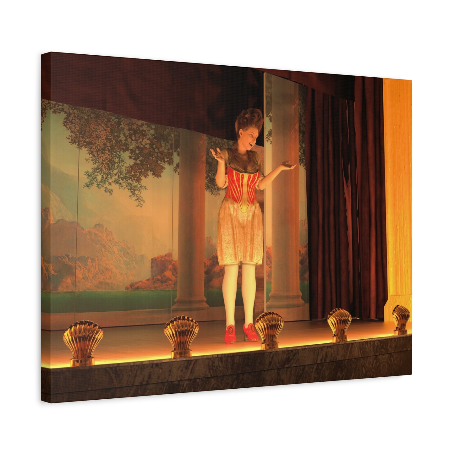 A rectangular canvas wall art print showing a theatrical stage scene with a woman in a red-and-white dress standing under a painted backdrop, photographed against a plain white background.