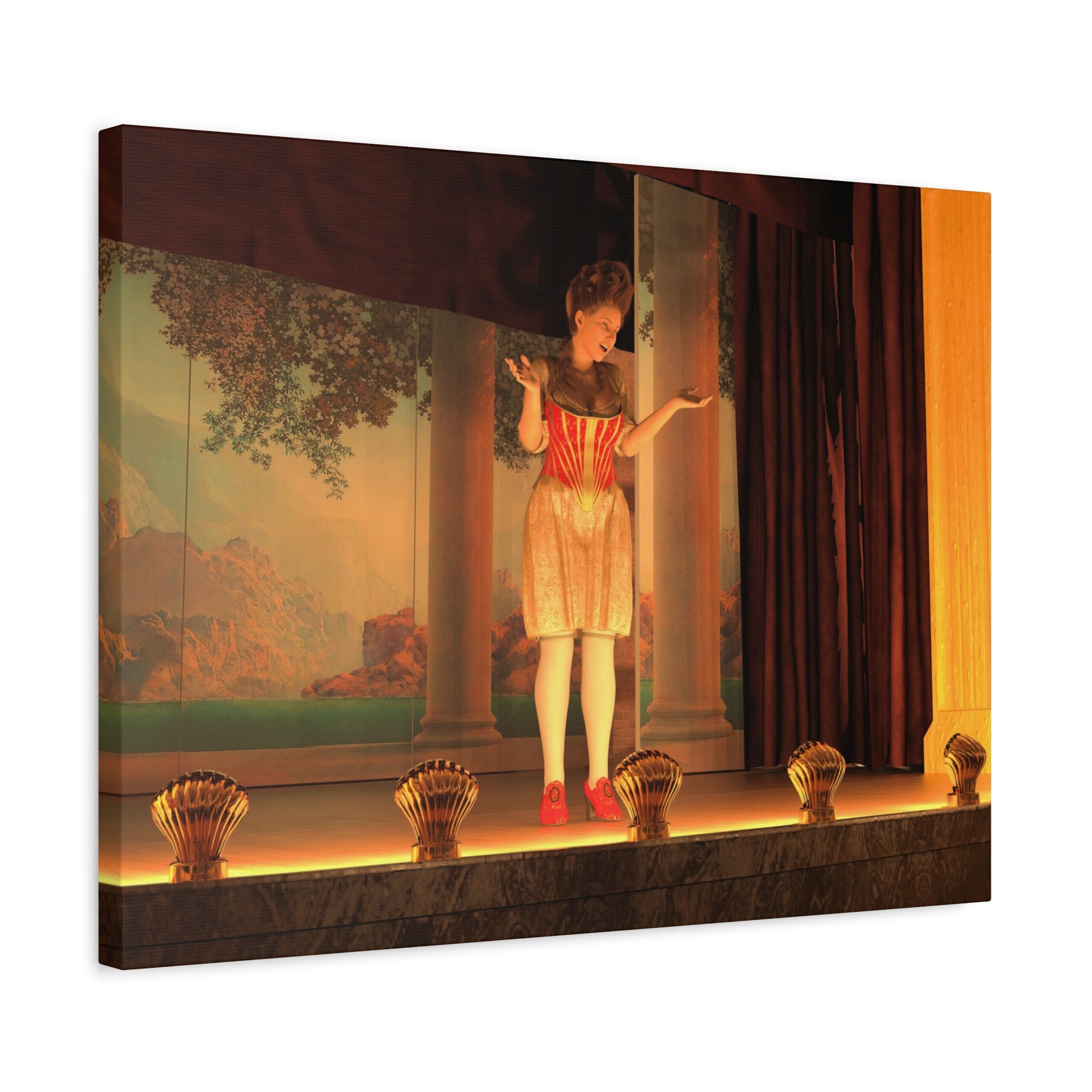 A rectangular canvas wall art print showing a theatrical stage scene with a woman in a red-and-white dress standing under a painted backdrop, photographed against a plain white background.