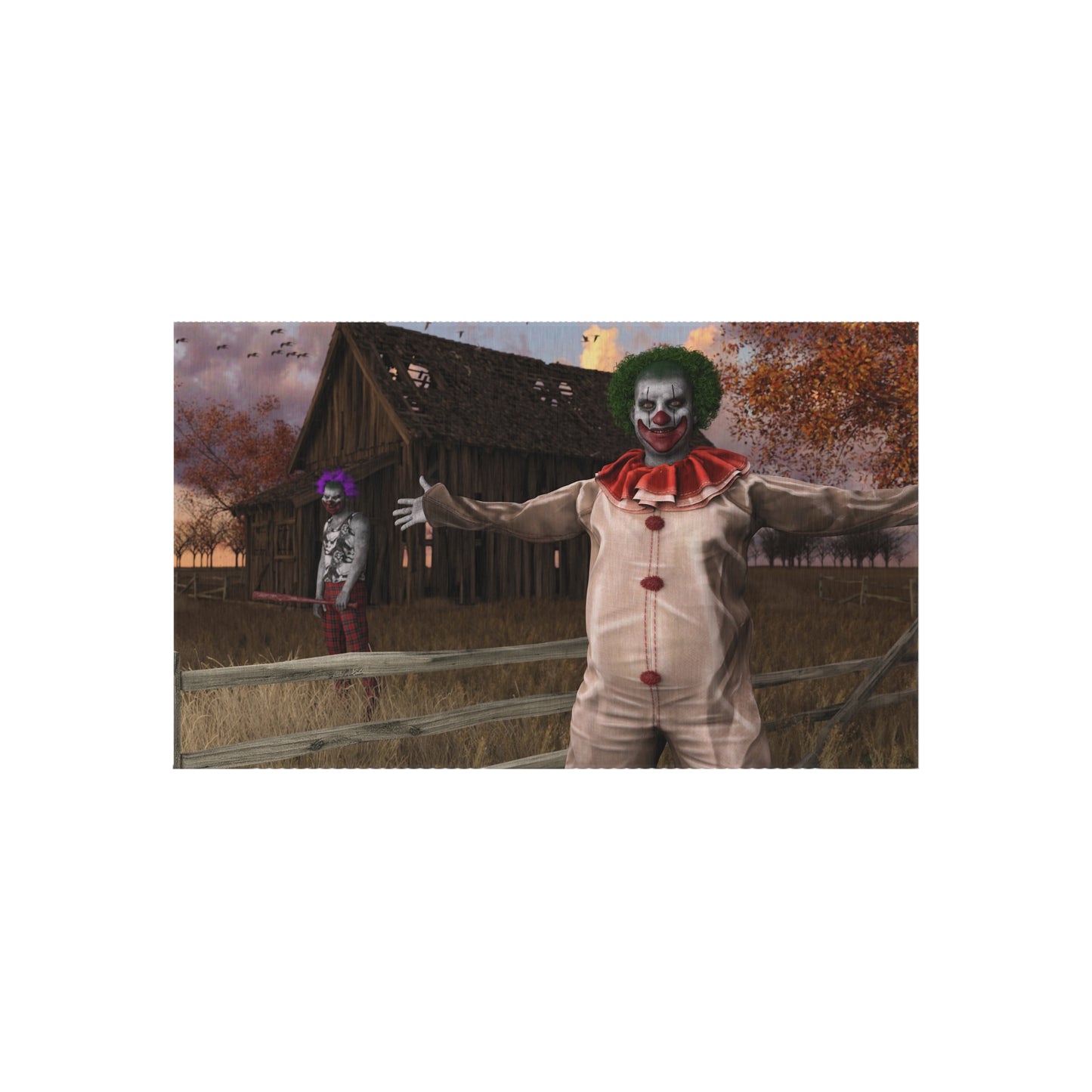 Spooky Clown Halloween Outdoor Rug - Creepy Barn Scarecrow Yard Decor
