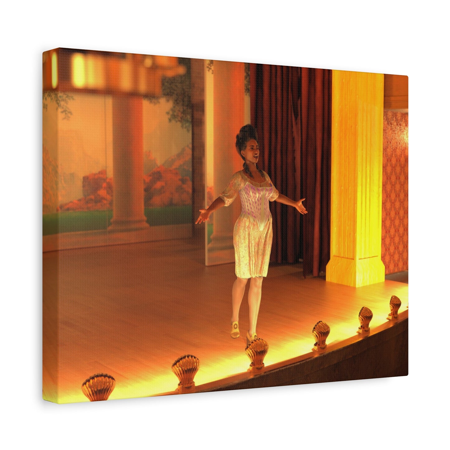 A square gallery-wrapped canvas print featuring a warm-toned photograph of a woman in a shimmering white dress standing on a brightly lit stage with columns and curtains.