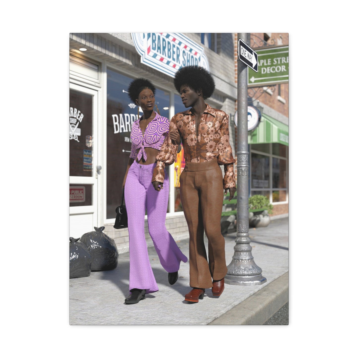 Vintage 1970s Retro Fashion Canvas Print – Afro Chic Couple Street Scene