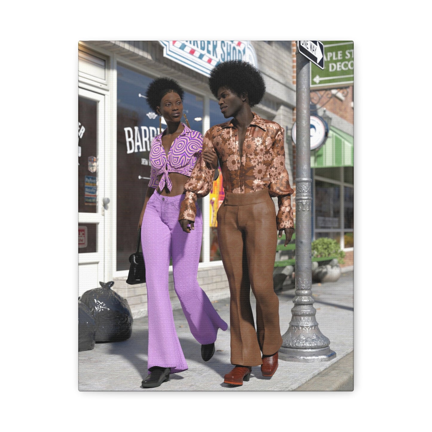 Vintage 1970s Retro Fashion Canvas Print – Afro Chic Couple Street Scene