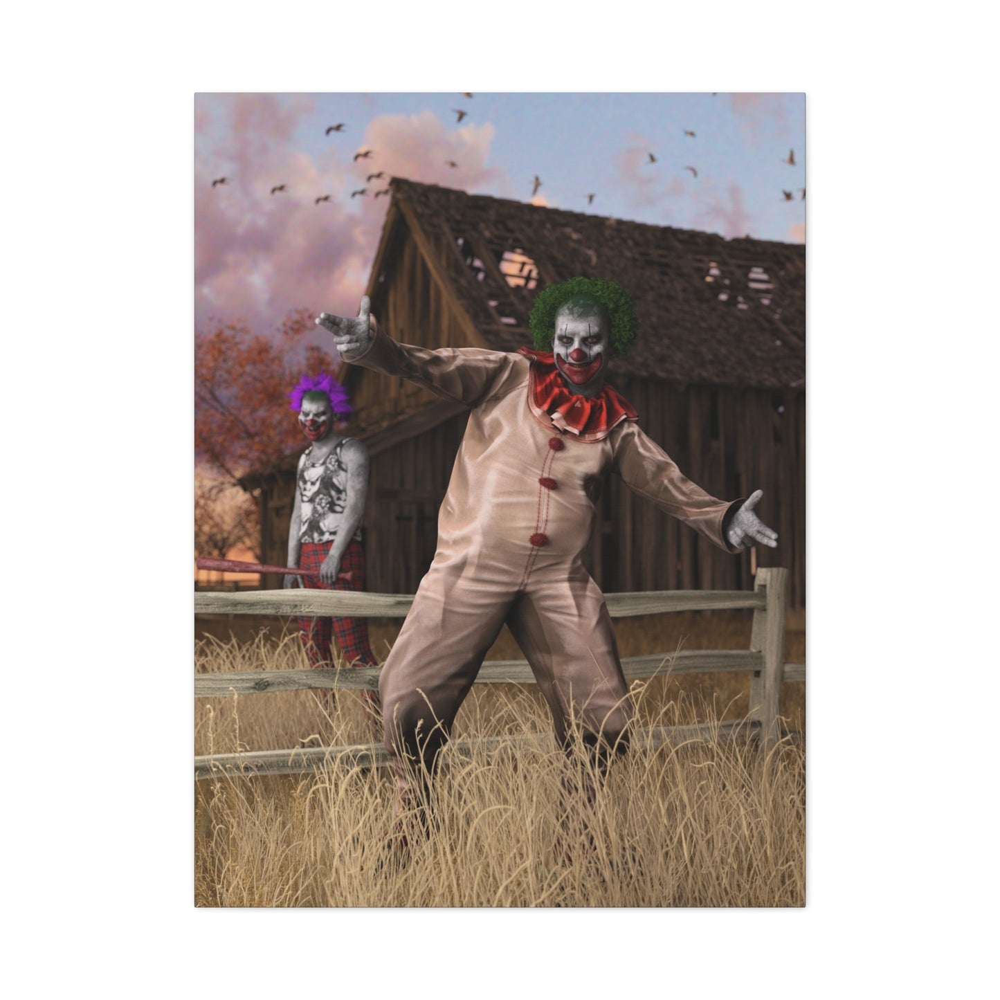 A printed or displayed artwork showing two clown figures in a rural outdoor scene with a barn, fence, tall dry grass, and a cloudy sky. The central clown is larger and in front, with a smaller clown behind him.