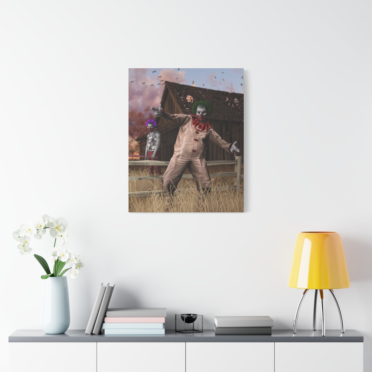 Creepy Clown Canvas Print — Haunted Barn Horror Wall Art