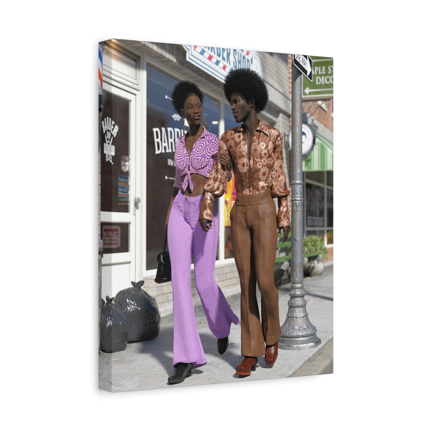 Vintage 1970s Retro Fashion Canvas Print – Afro Chic Couple Street Scene