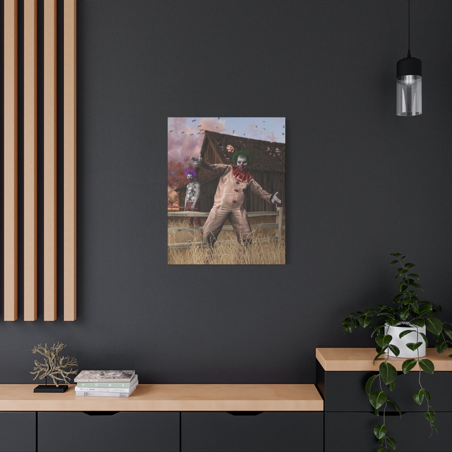 Creepy Clown Canvas Print — Haunted Barn Horror Wall Art