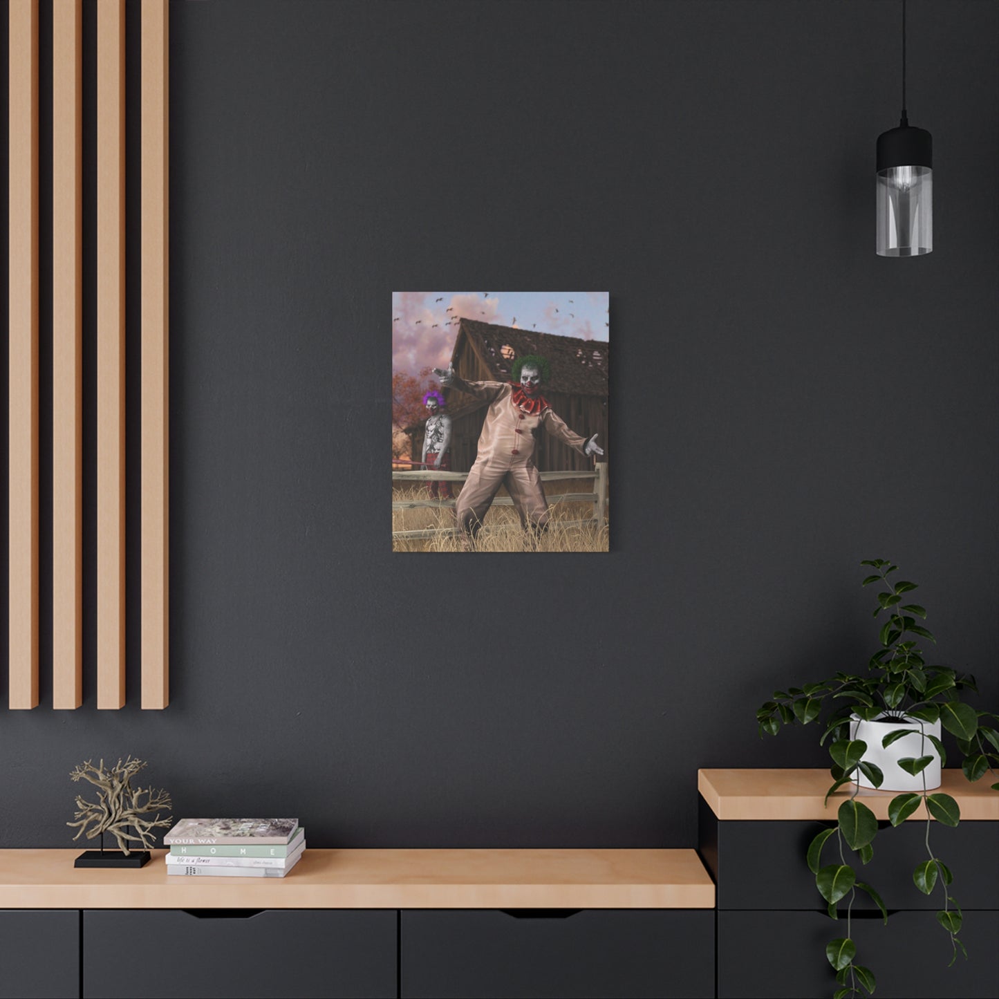 Creepy Clown Canvas Print — Haunted Barn Horror Wall Art