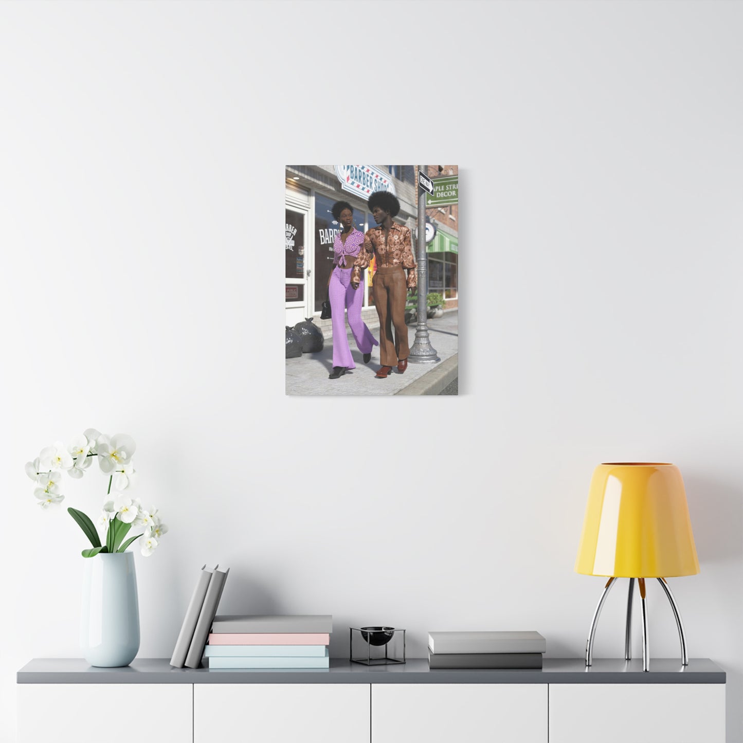 Vintage 1970s Retro Fashion Canvas Print – Afro Chic Couple Street Scene