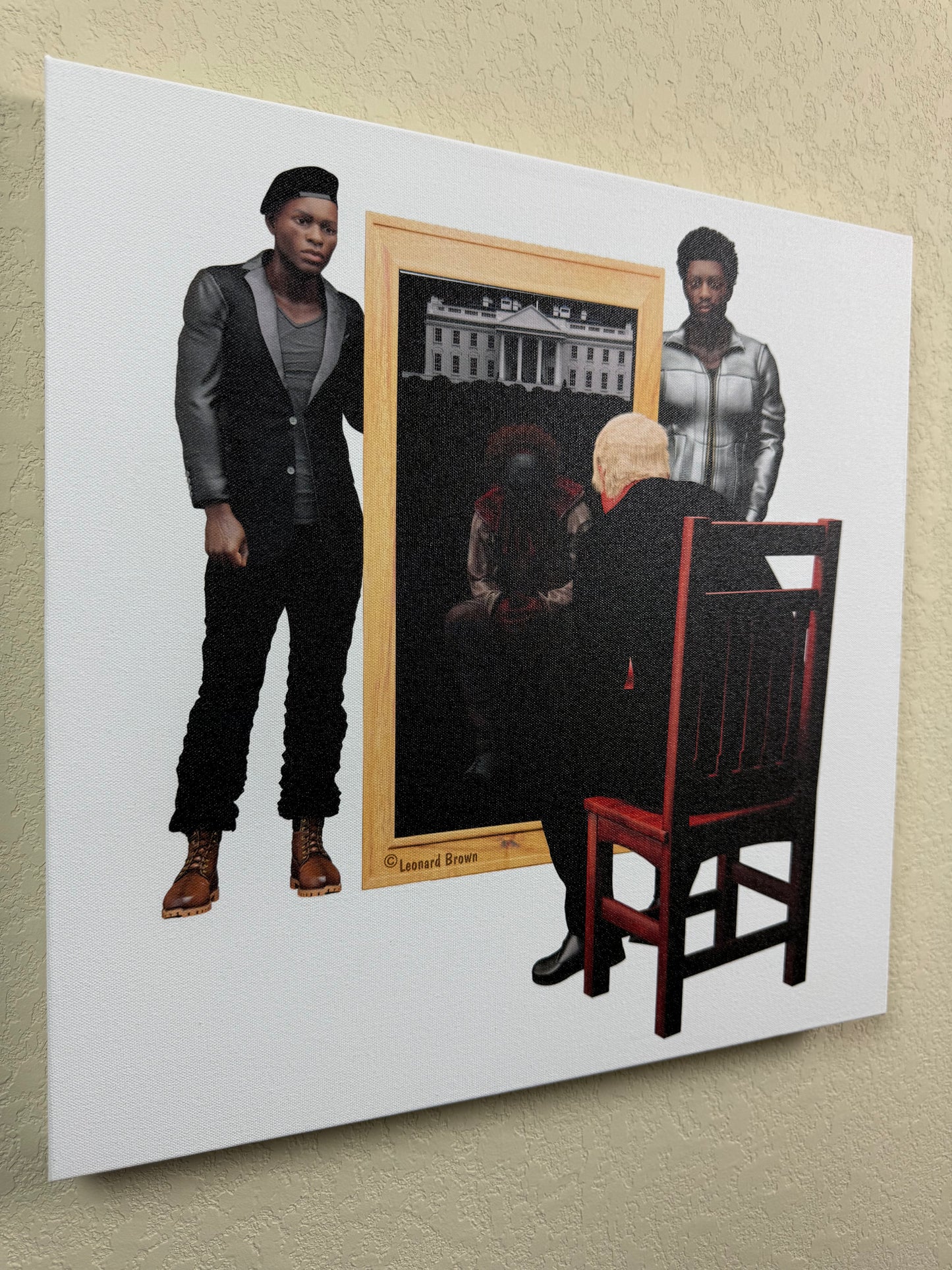 A canvas art print of two black men standing beside a mirror with Trump looking in the mirror with a reflection of a clown.