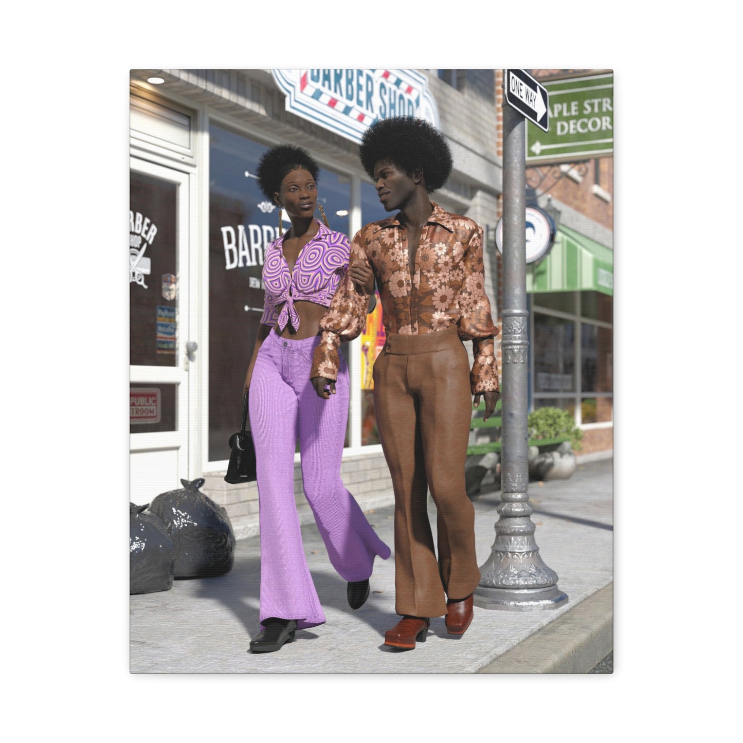 Vintage 1970s Retro Fashion Canvas Print – Afro Chic Couple Street Scene