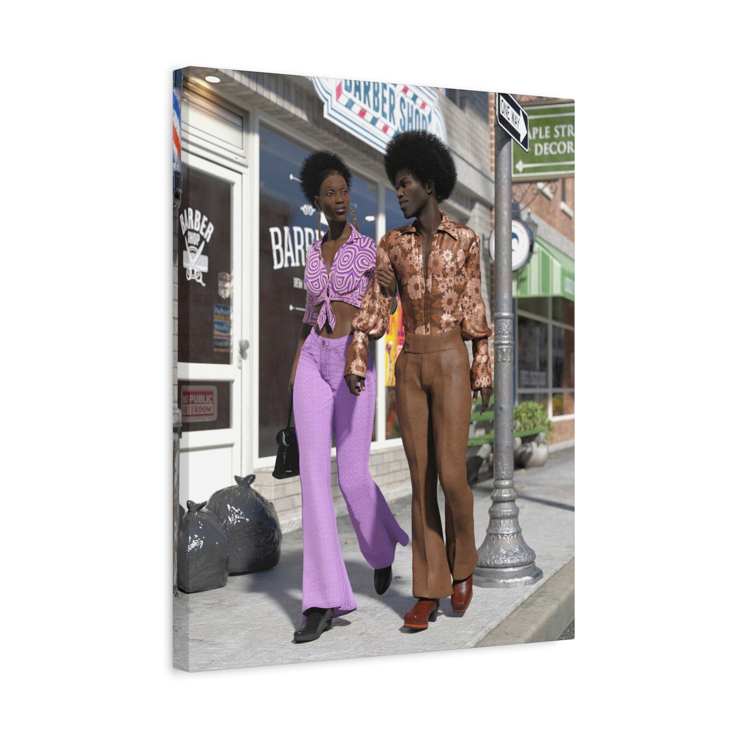 Vintage 1970s Retro Fashion Canvas Print – Afro Chic Couple Street Scene