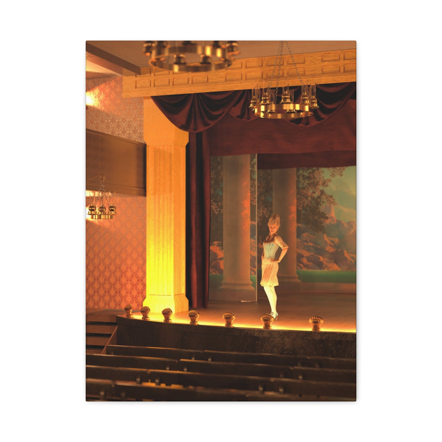 A square wall art print or poster depicting an elegant stage interior with warm golden lighting, draped curtains, columns, and a woman standing near a painted backdrop.