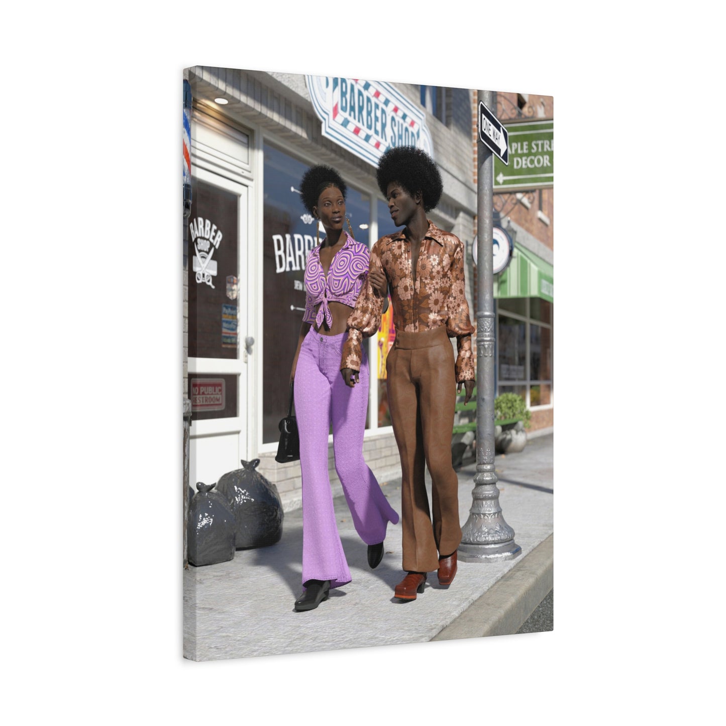 Vintage 1970s Retro Fashion Canvas Print – Afro Chic Couple Street Scene
